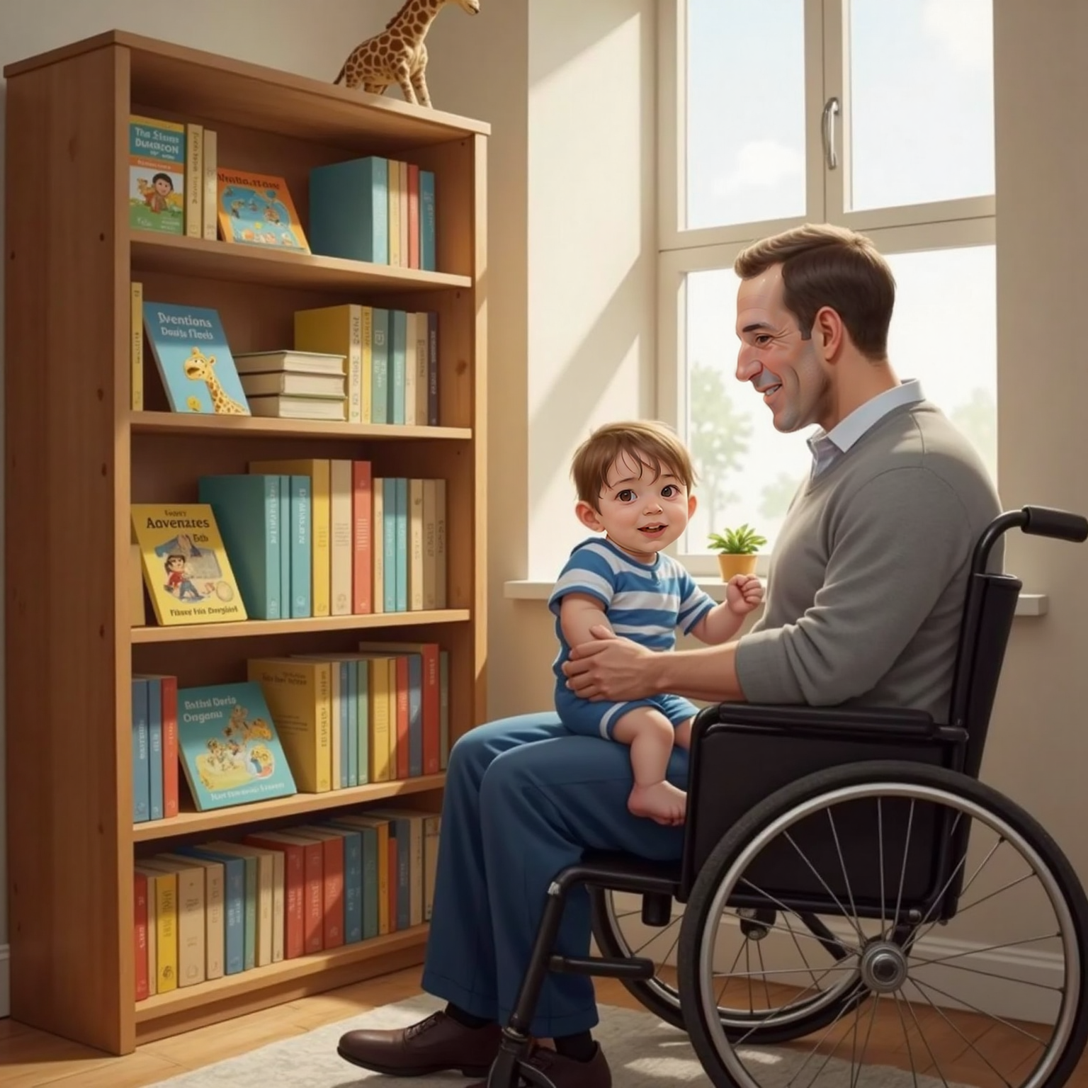 In the cozy living room near a bookshelf, Alexander dad wheels his chair gently while Alexander bounces on his lap. Alexander’s arms lift in excitement as he gazes at the row of colorful book spines behind them.