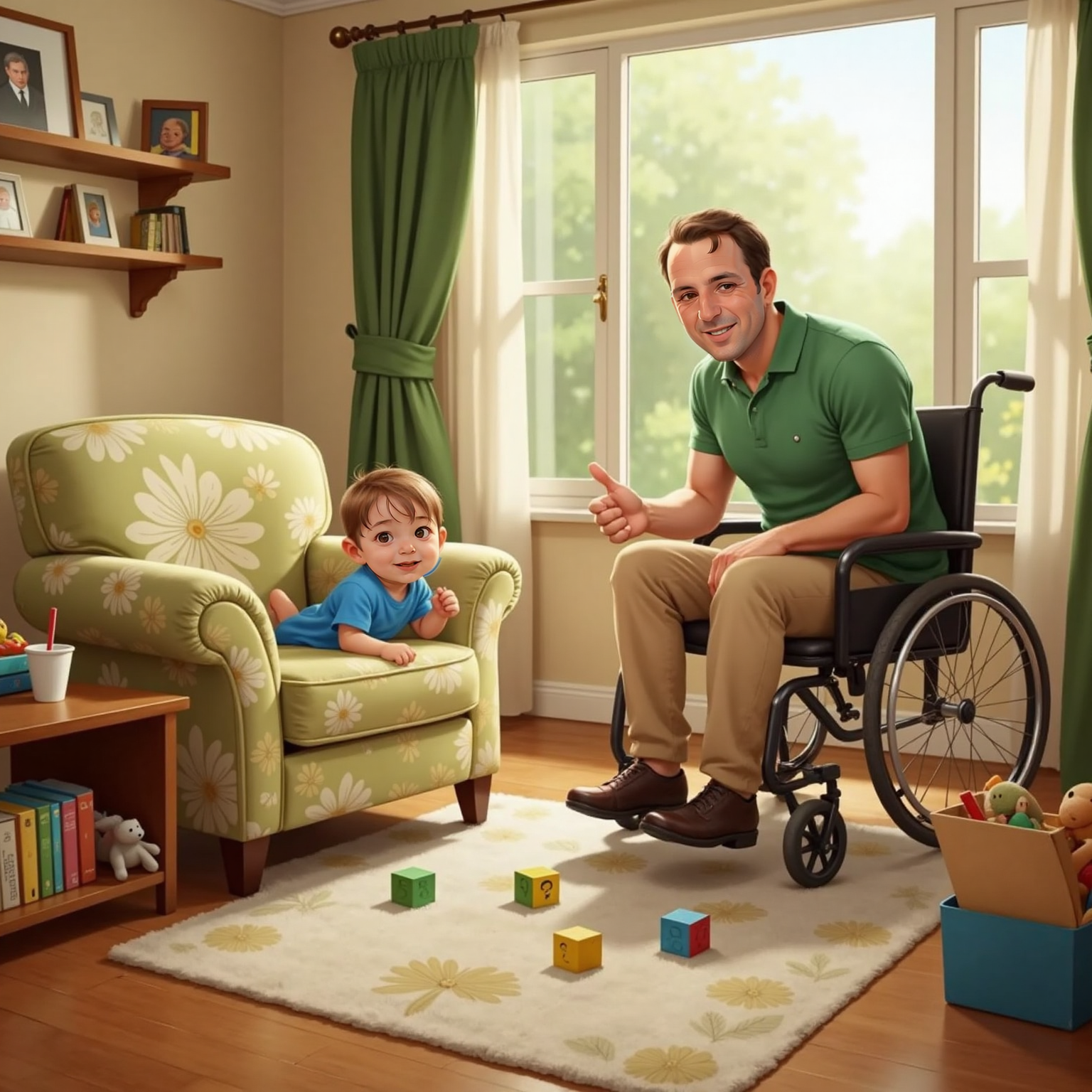 In the bright living room, Alexander hides behind a large armchair, peeking around its edge with a sly grin. Alexander dad leans forward, hands apart as if calling out, scanning the chair’s corner for his son.