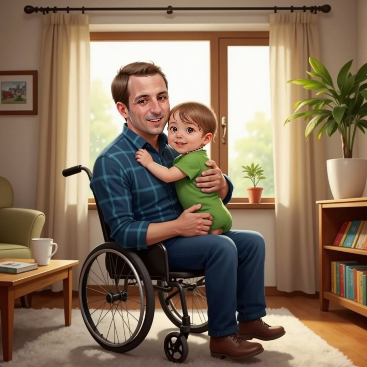 In the sunlit living room, Alexander dad lifts Alexander into a tight hug, Alexander’s feet off the floor. Both share wide smiles, Alexander’s arms wrapped around Alexander dad’s neck. Sunlight streams through a nearby window.