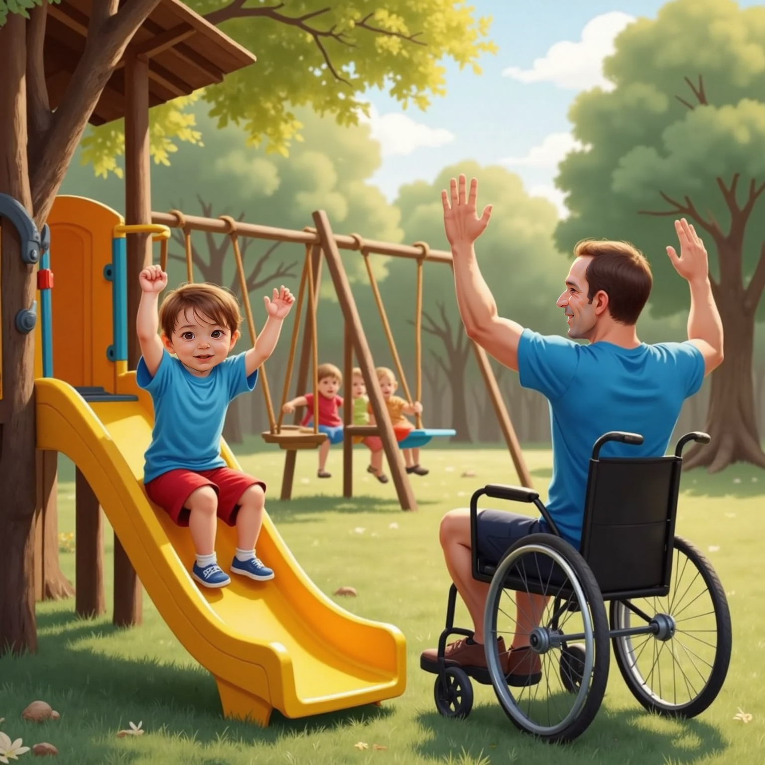 At an outdoor playground in late afternoon light, Alexander slides down a plastic slide with his hands raised. Alexander dad stands at the slide’s base, arms lifted and mouth open in a cheer. Shadows from nearby trees fall on them.