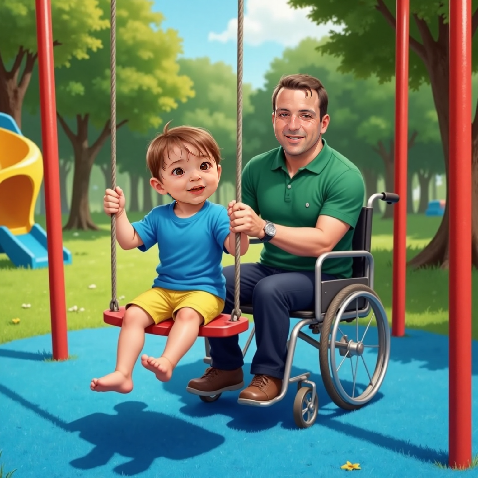 In a sunlit playground, Alexander leans back on a swing with chains tilted as wind lifts his hair and he squeals. Alexander dad stands behind with both hands on the swing chains, mouth open as he gently pushes.