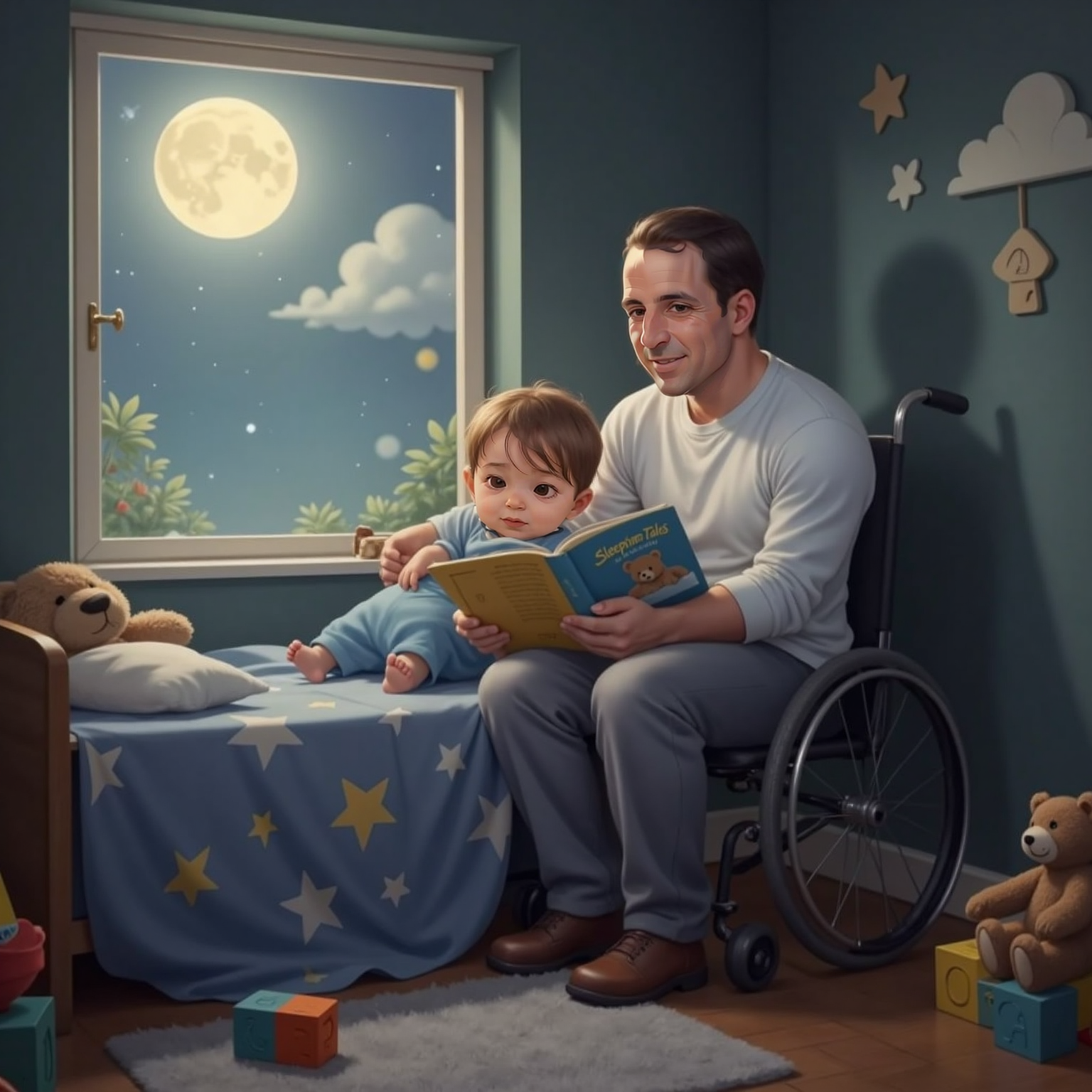 In Alexander’s dimly lit bedroom by moonlight, Alexander dad sits on the edge of the bed holding a book. Alexander lies tucked under a blanket, his eyes half-closed as he leans against Alexander dad. A moonbeam falls across them.