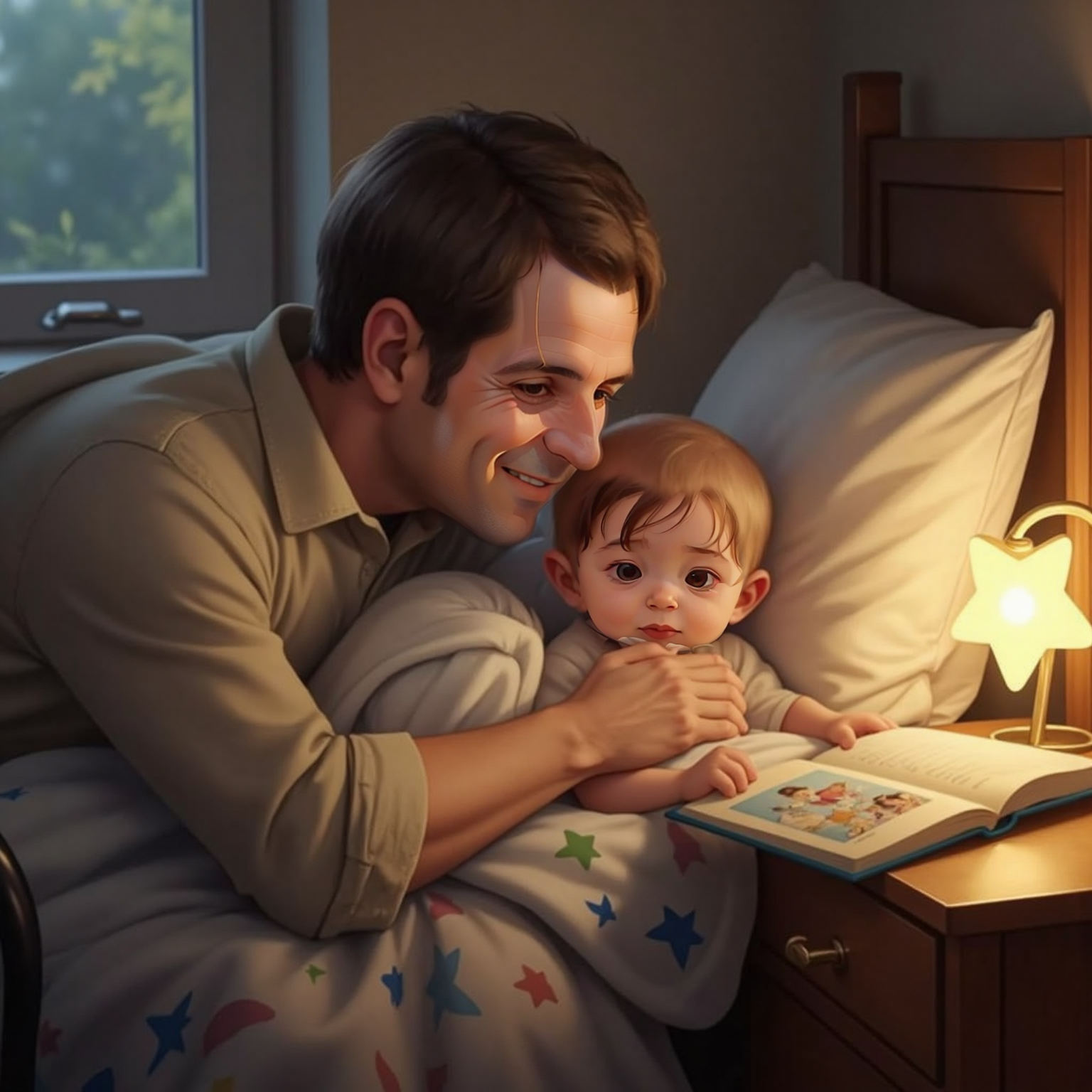 In Alexander’s bedroom at night under a soft bedside lamp, Alexander dad leans close whispering while Alexander rests his head on Alexander dad’s shoulder with closed eyes. Both are tucked beneath a blanket as shadows fall around them.