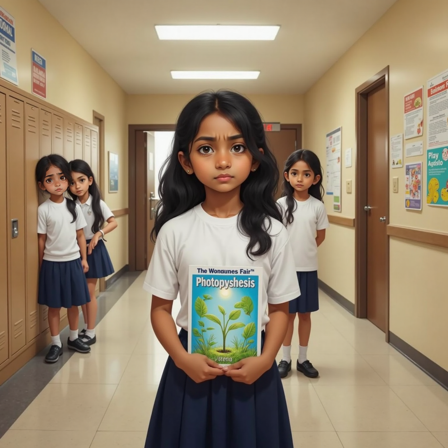 In a brightly lit school hallway under fluorescent lights, Asha stands before a wall covered with flyers, clutching the science fair poster in her hand. Two classmates sneer behind her as she frowns determinedly.