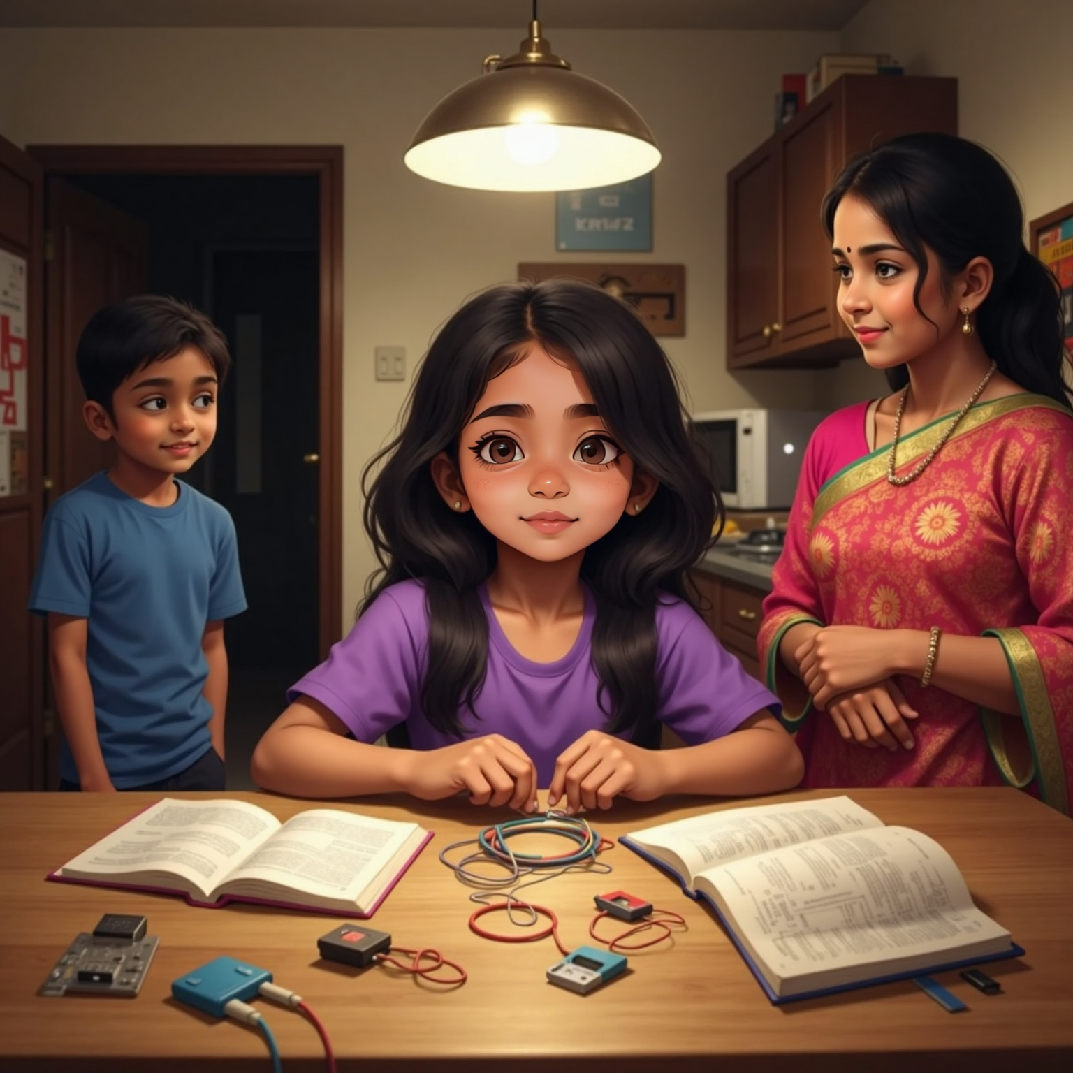 In a cozy kitchen lit by a warm lamp, Asha sits at a table strewn with wires and open books. Her mother watches with a supportive smile as her older brother rolls his eyes playfully.