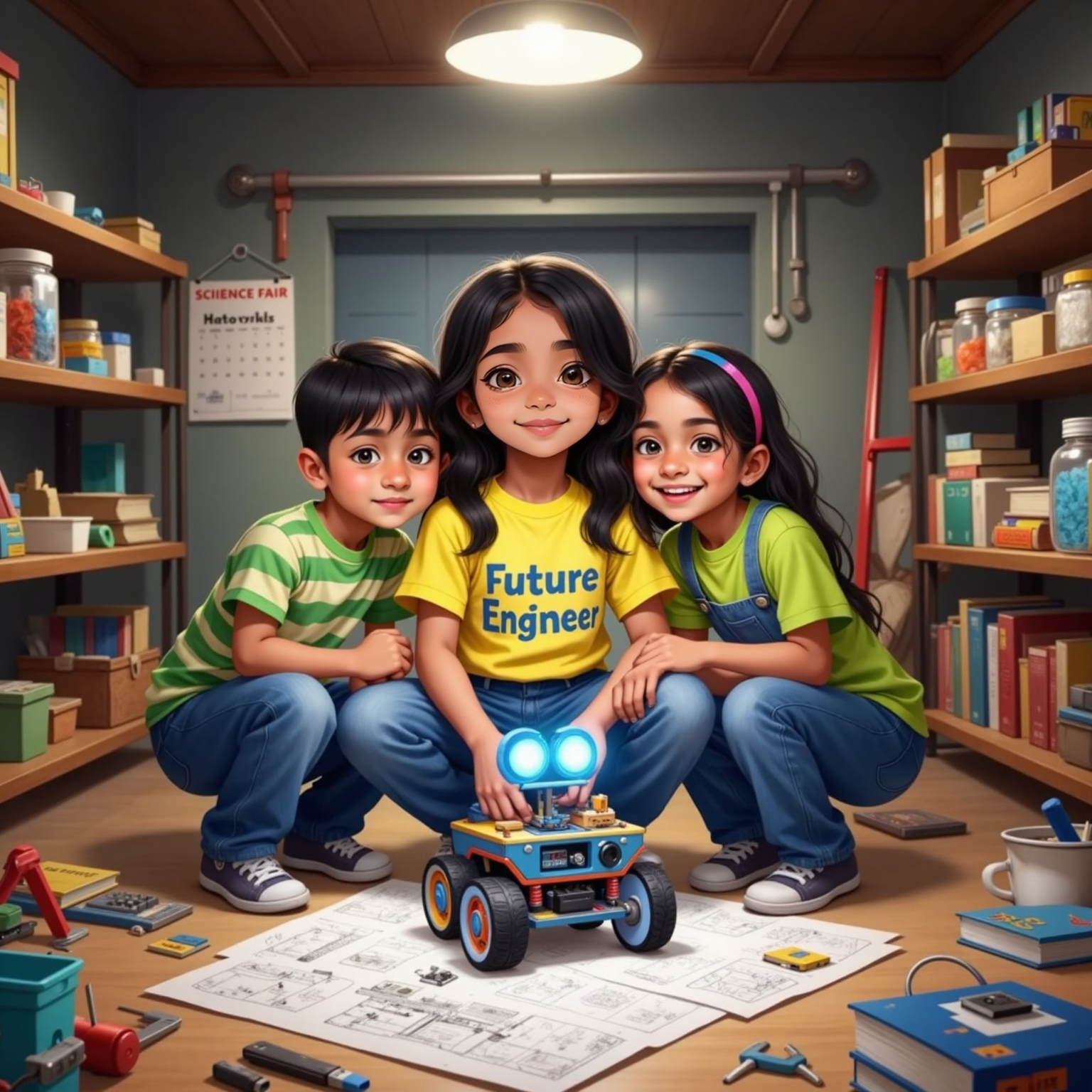 In a garage workshop lit by a single overhead bulb, Asha and two friends crouch around a small robot as its LED eyes blink and one wheel lifts off the workbench. Asha beams and hugs her team.
