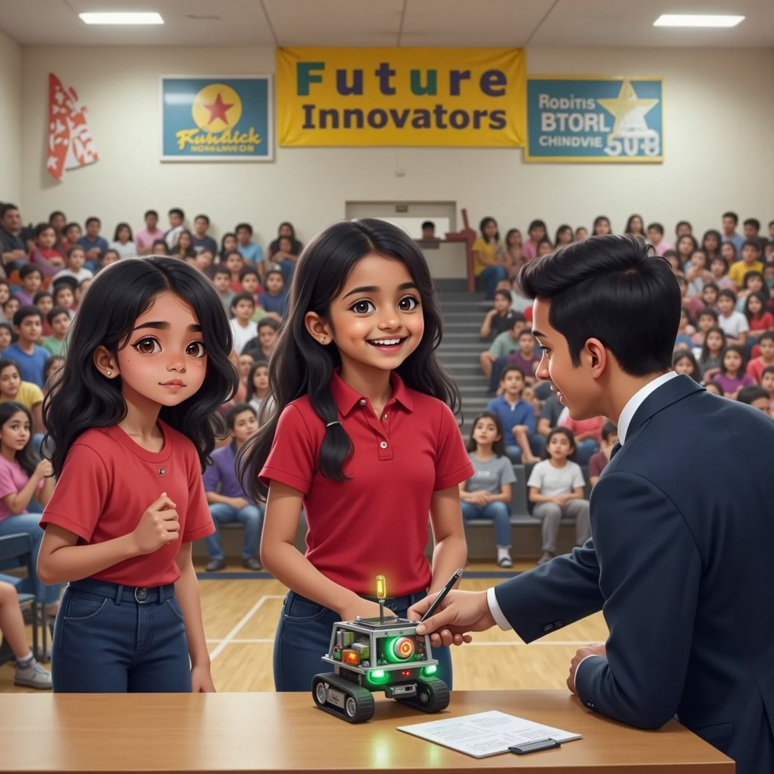 At a crowded school gym decorated with colorful banners, Asha stands behind a table displaying the robot beside two friends. A judge points at the robot while a cheering crowd fills the background as Asha smiles shyly.