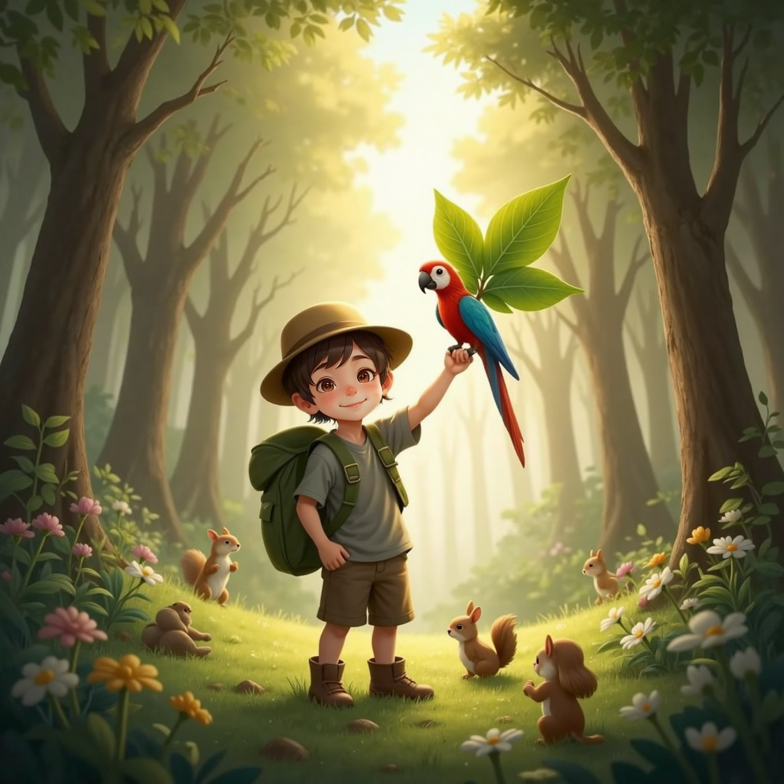 Ali stands in a sunlit forest clearing at dawn holding a giant green leaf with glowing silver text "Help save our planet!". Rocco perches on his outstretched arm, wings slightly open and beak open as he chirps excitedly.