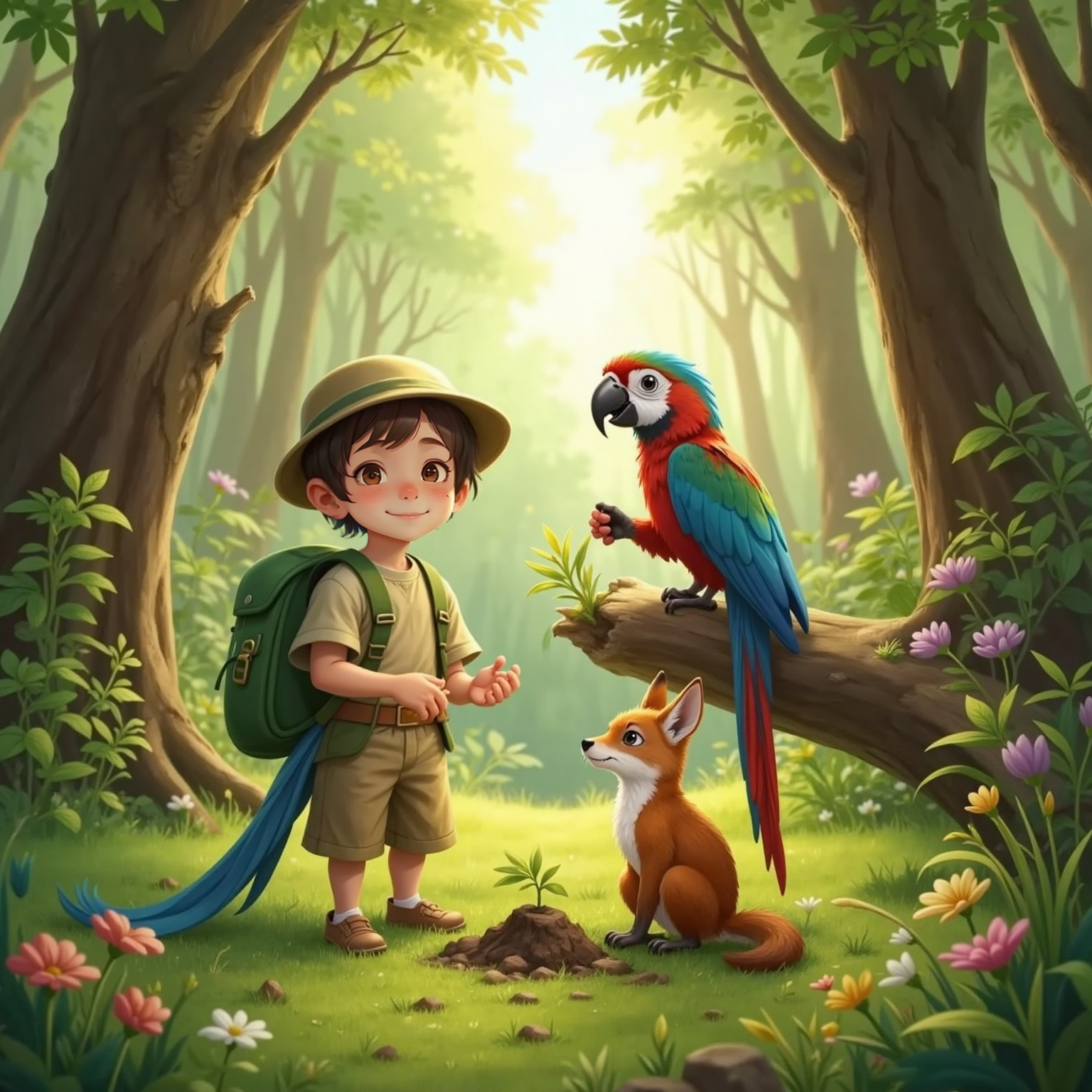 In a sunlit forest glade, Ali stands looking at Rocco perched on a mossy log and Finn the orange-eyed fox beside him. Rocco gestures with a wing toward small soil patches as Ali holds out open hands ready for seeds.