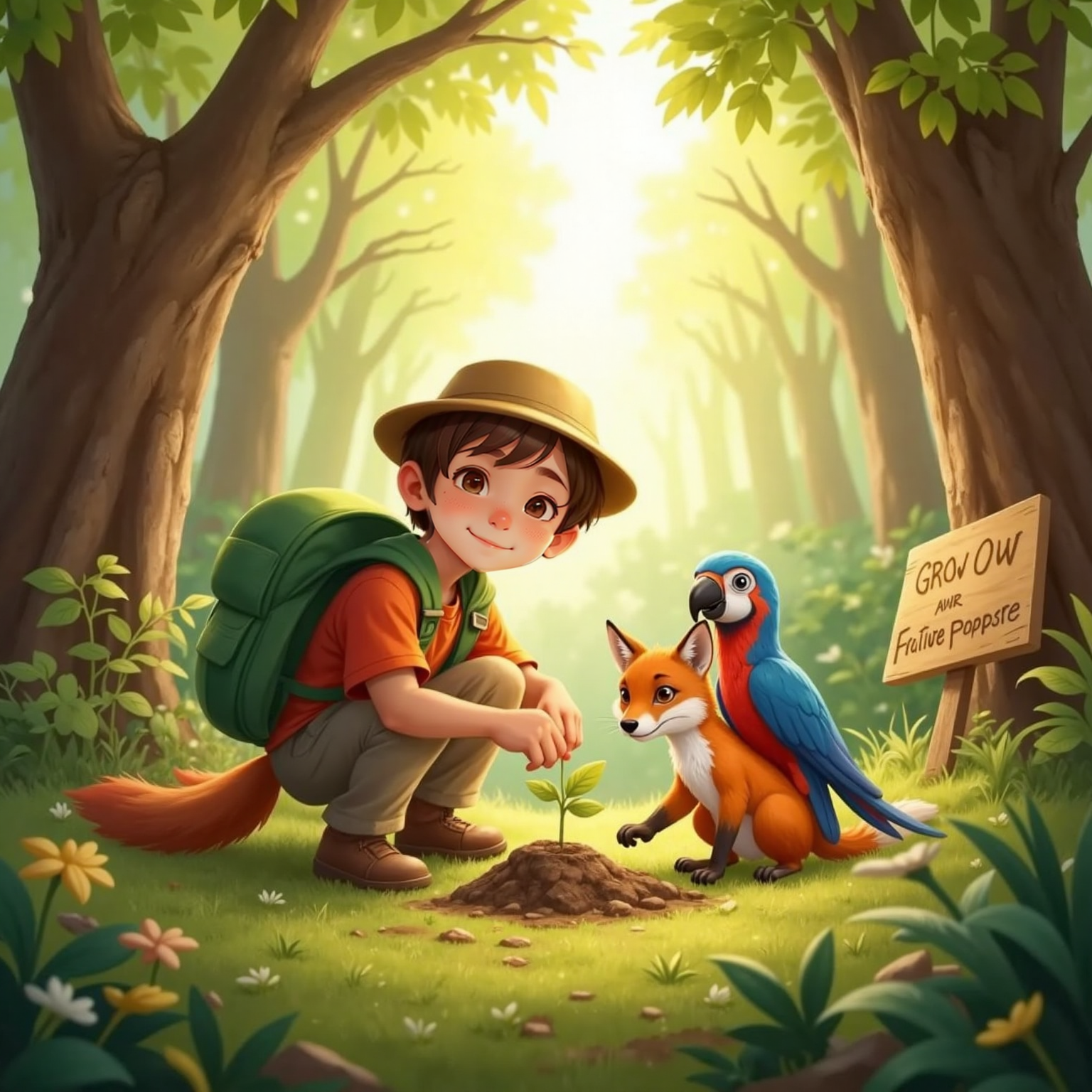 Under a sunlit forest canopy, Ali kneels to press a seed into soft earth while Finn crouches nearby placing another seed. Rocco stands between them, feathers fluffed and beak lowered toward the soil as light dapples the scene.
