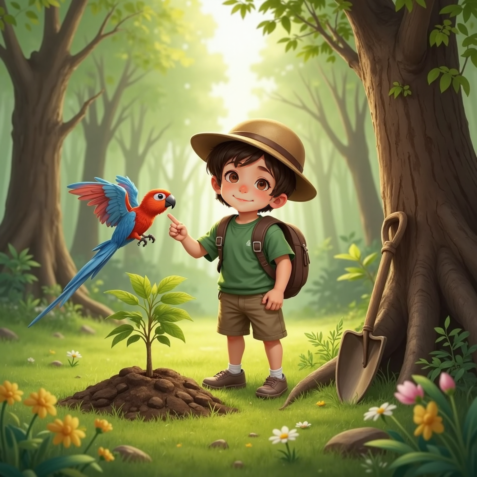 Outdoor forest clearing at midday. Ali stands beside a planted sapling pointing at a shovel leaning against a tree trunk. Rocco hovers in midair, wings outstretched and beak open in a joyful squawk.