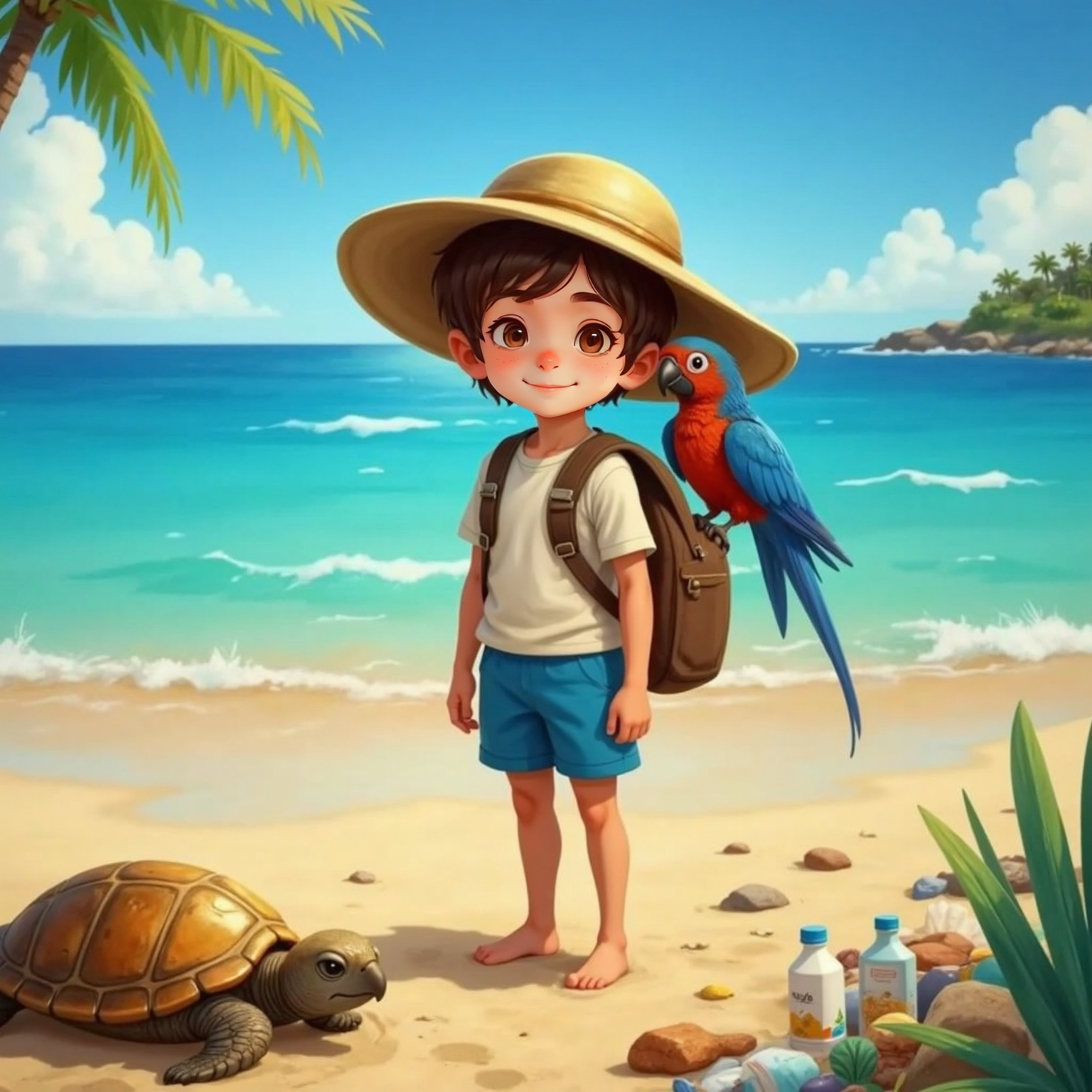 Sunlit sandy beach at afternoon tide. Shelby the golden-shelled turtle rests at the waterline with shell glinting, while Ali stands nearby looking curious and Rocco perches on Ali’s shoulder with tilted head. Scattered plastic bottles lie around them.
