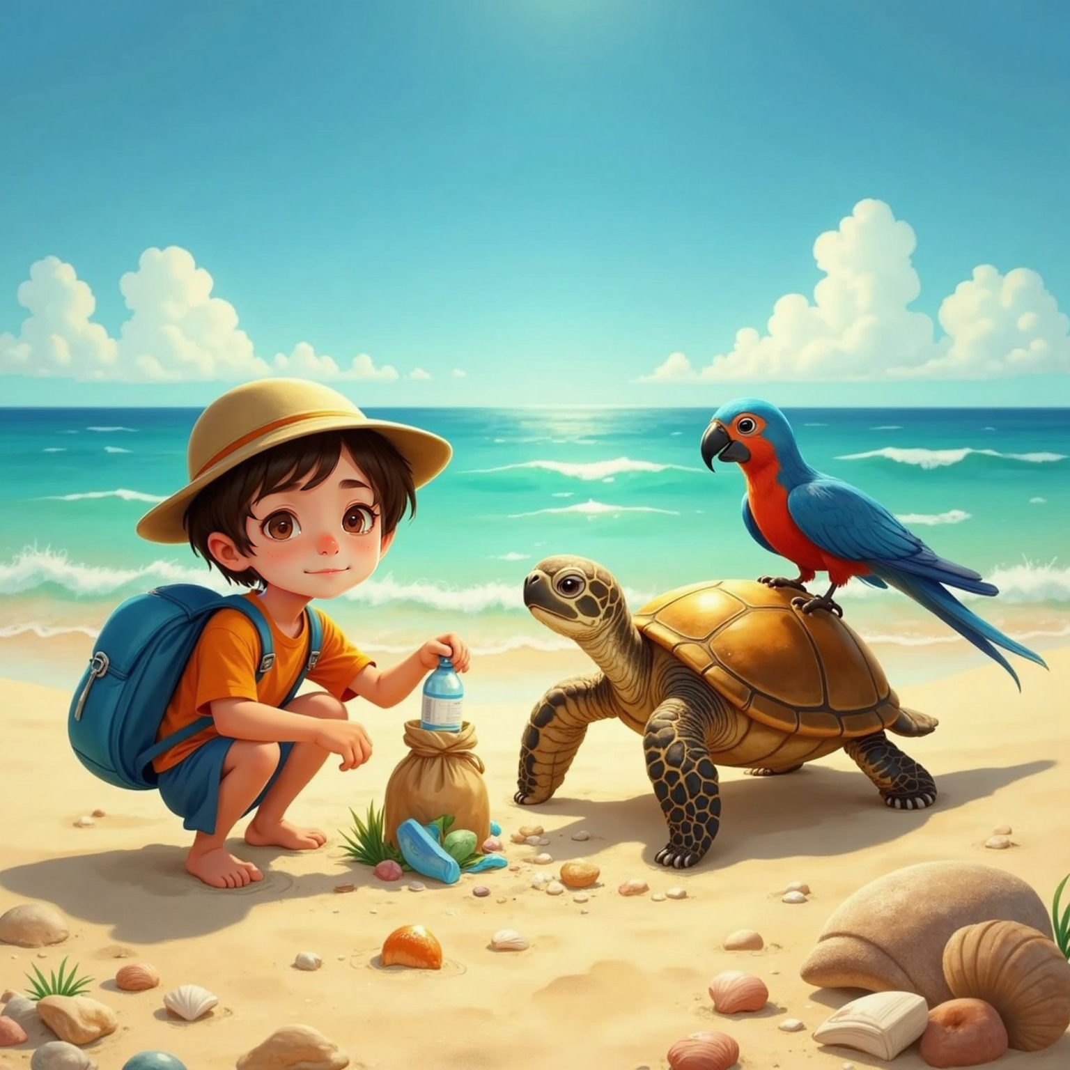 Outdoor beach under bright sun. Ali crouches to pick up a plastic bottle, Shelby lifts a trash bag with flippers, and Rocco perches on Shelby’s golden shell pointing with a wing at a scattered bag. Expressions show determination.