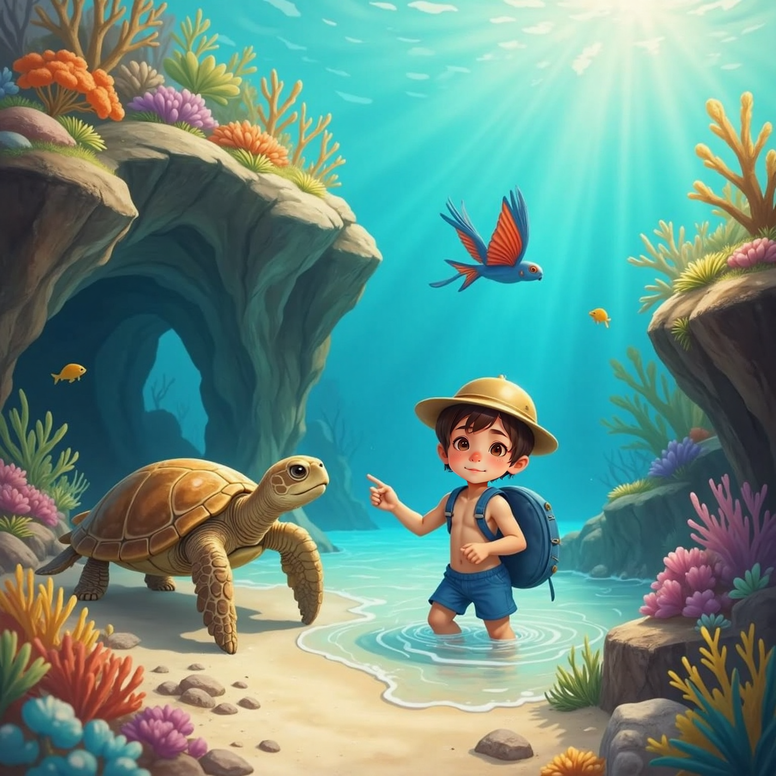 Shallow reef shore at noon with crystal-clear water. Shelby stands waist-deep on sand pointing flipper toward a vivid coral outcrop teeming with orange and blue fish. Ali kneels in the water peering at a school of fish and Rocco hovers above the surface.