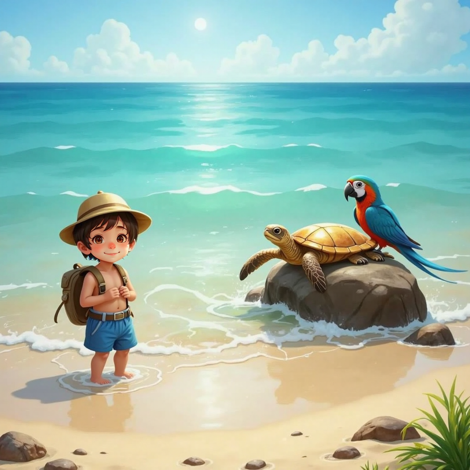 Bright midday shoreline with gentle waves. Ali stands knee-deep in water shaking his head and Shelby floats beside him nodding with her golden shell gleaming. Rocco perches on a nearby rock watching.