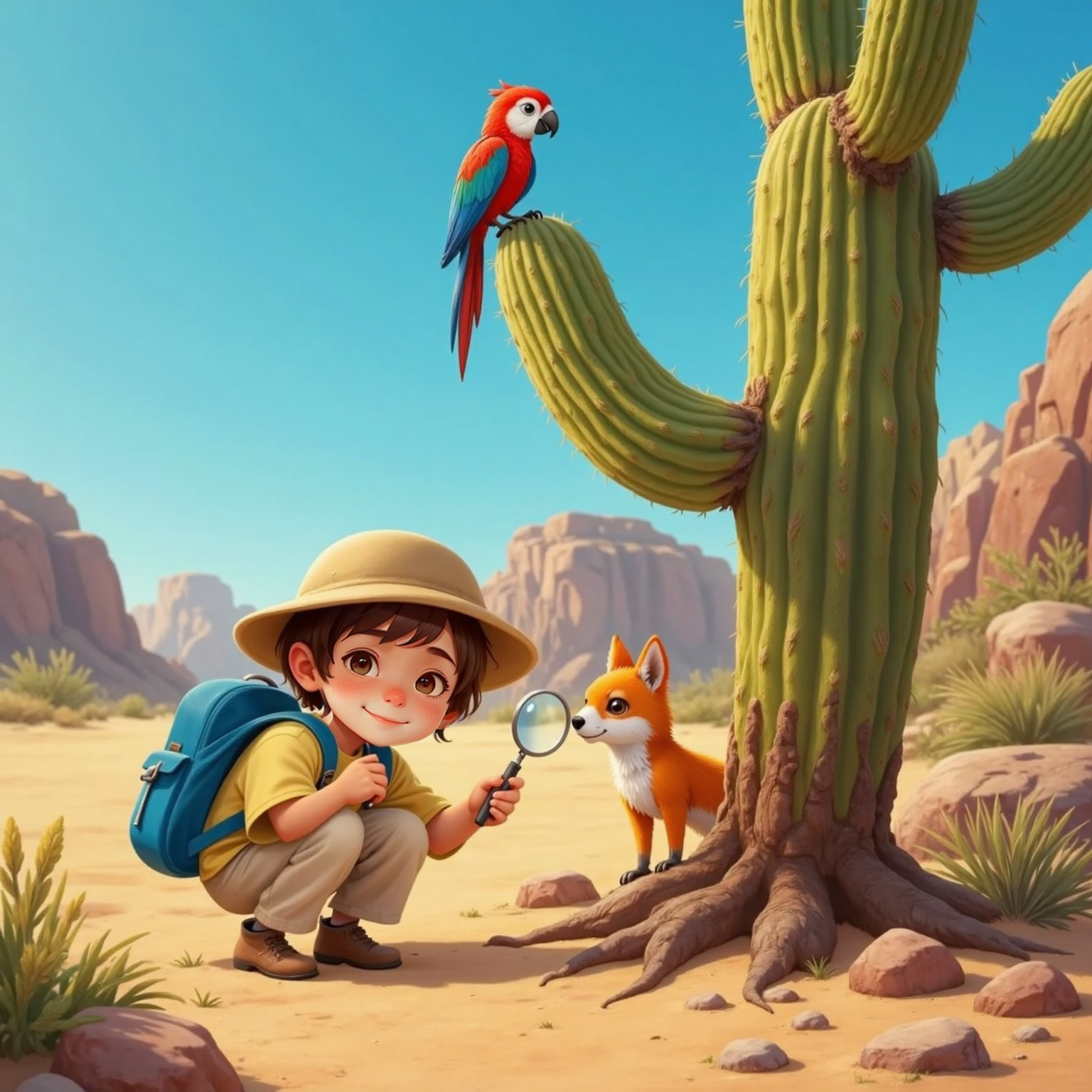 Outdoor desert under bright sun. Ali kneels examining a cactus through a magnifying glass while Finn stands nearby gesturing at the cactus base. Rocco perches on a cactus arm watching attentively.