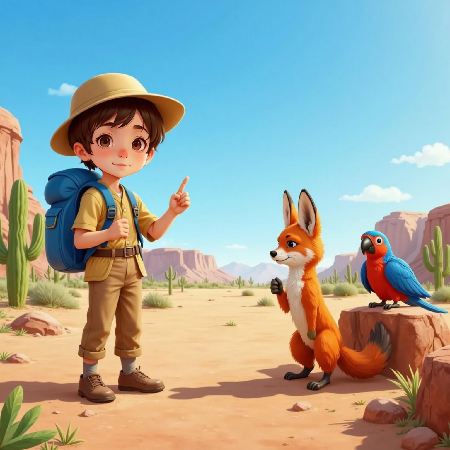 Sunny desert plain at midday. Ali stands with one finger raised in answer as Finn smiles broadly with paws on hips. Rocco perches on a nearby rock watching their exchange.
