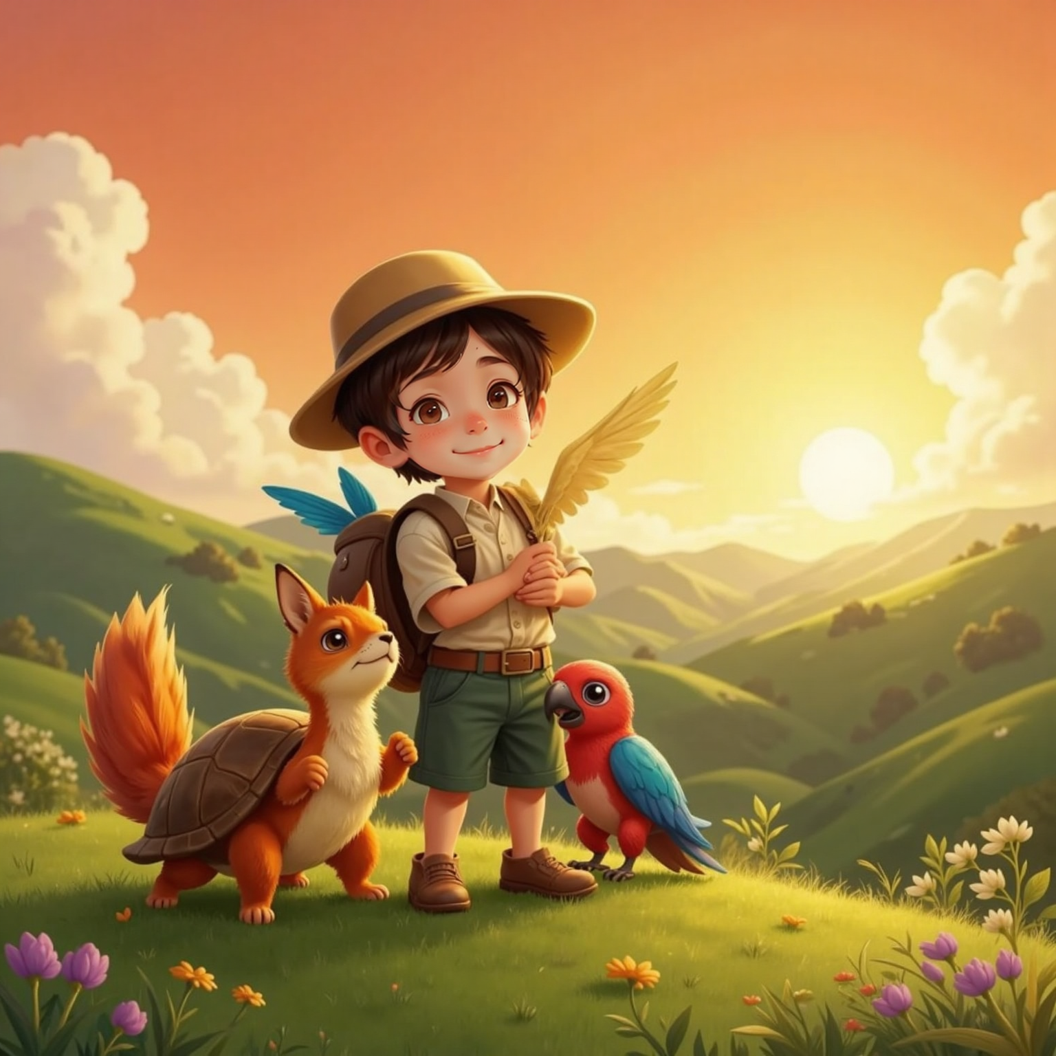 Open hillside at sunset with warm orange sky. Ali stands in center hugging Finn and Shelby, while Rocco perches on his shoulder with wings spread in celebration. All faces show joyful smiles.
