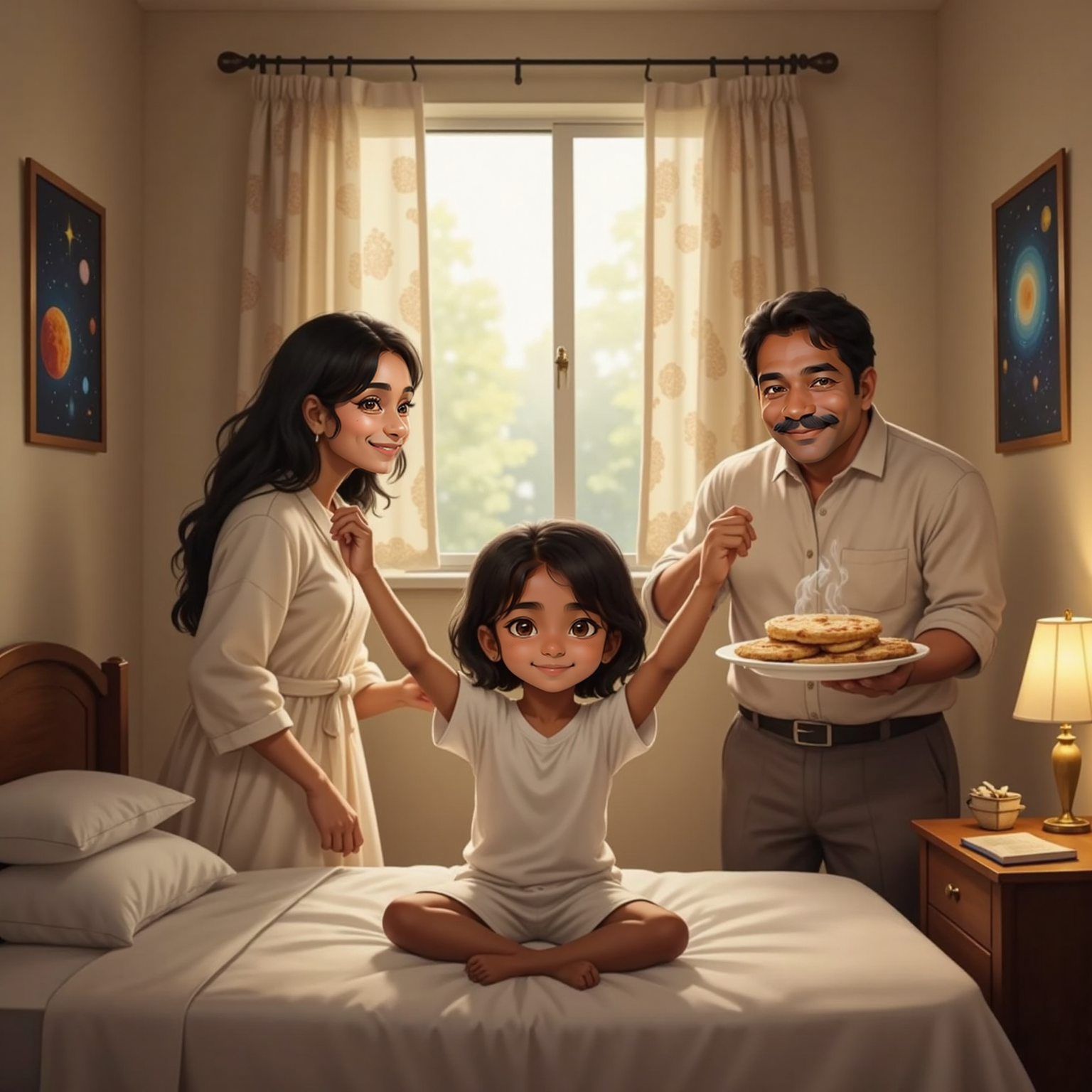 In Meera’s softly lit bedroom at dawn, Mum stands in the doorway holding a plate of steaming parathas as Meera sits on the bed stretching with a smile. Dad peeks in behind Mum with a teasing grin.