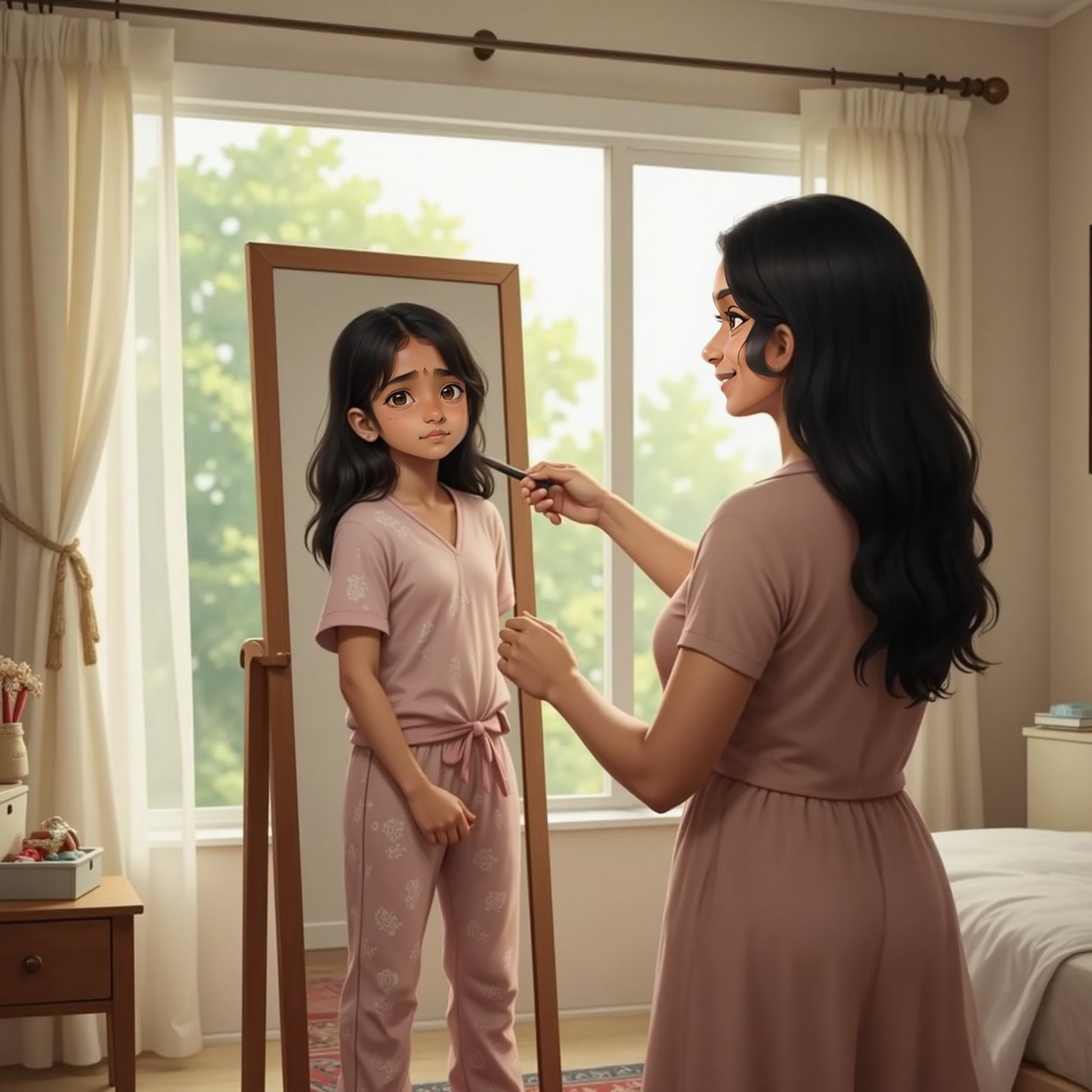 In a bright bedroom by a sunlit window, Meera stands before a full-length mirror frowning at her reflection as Mum gently brushes Meera’s black hair. The mirror frame glints softly in the morning light.