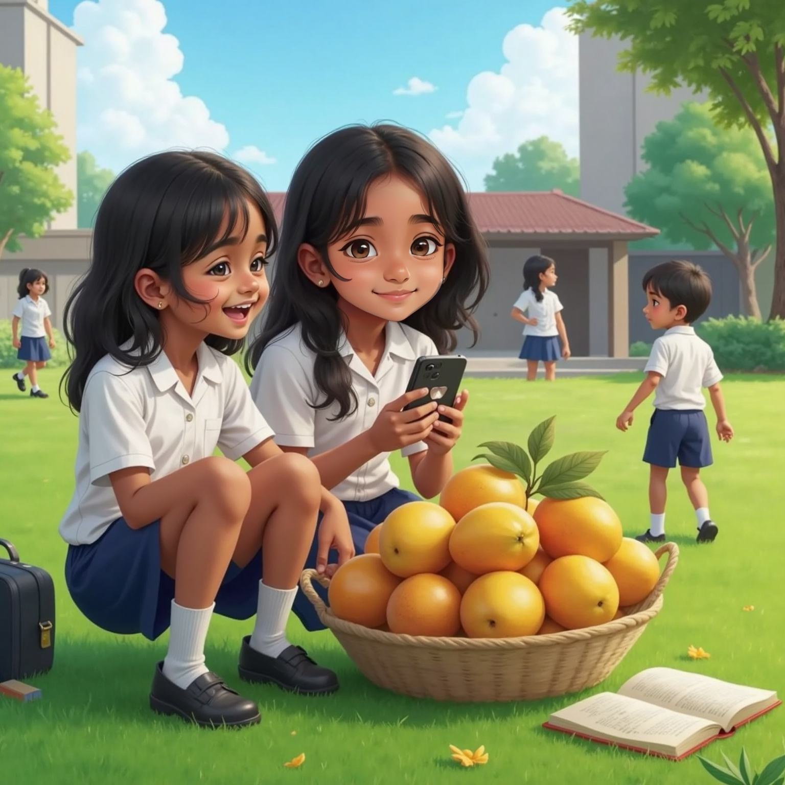 On a sunny schoolyard lawn, Meera animatedly shows two friends a photo of mangoes while they giggle and listen. The girls wear school uniforms under bright midday light with other students in the background.