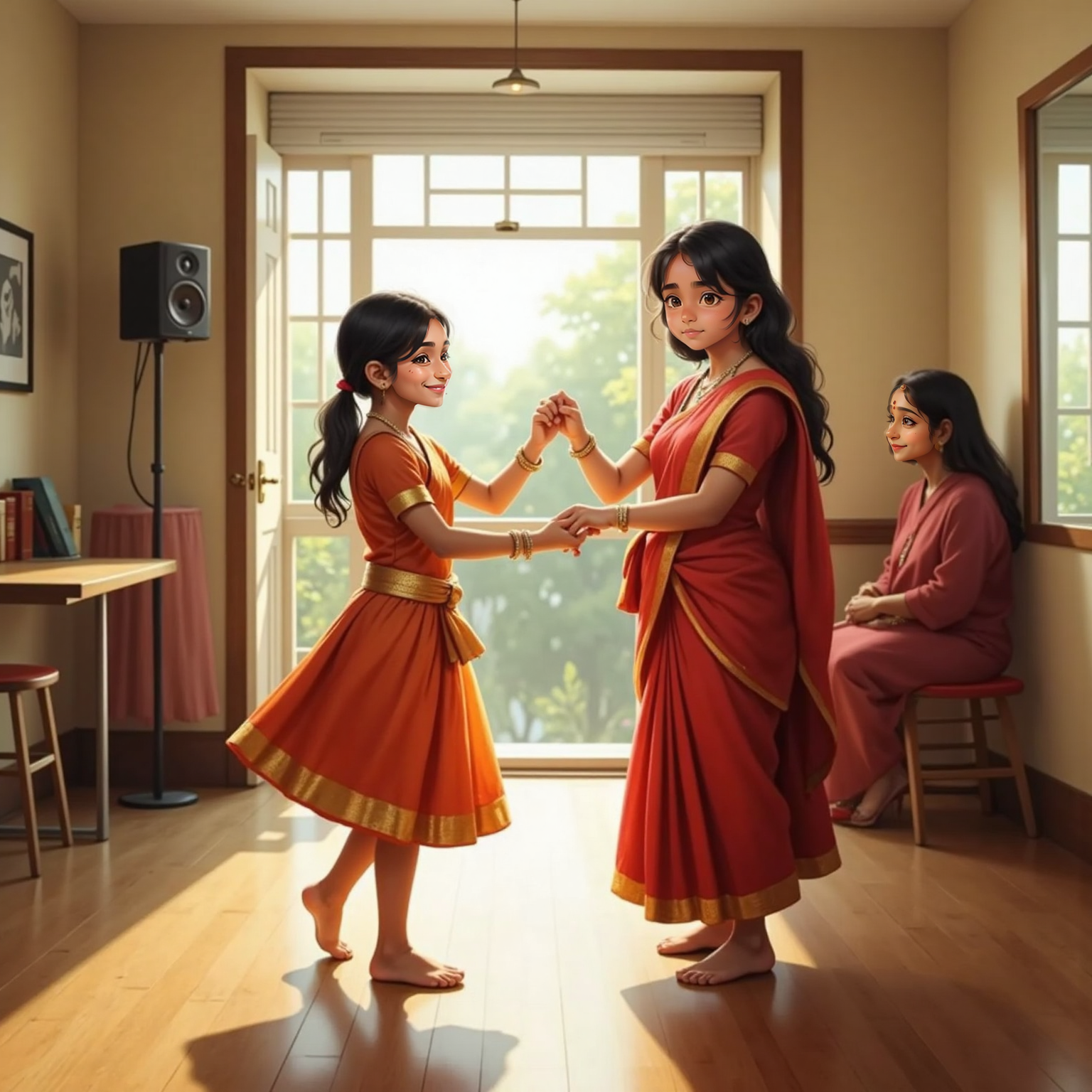 Inside a sunlit dance studio, Meera practices a Bharatanatyam pose as the smiling teacher gently guides her hand. Mum watches from the open doorway. Polished wooden floor and a speaker emitting rhythmic music glow under afternoon light.