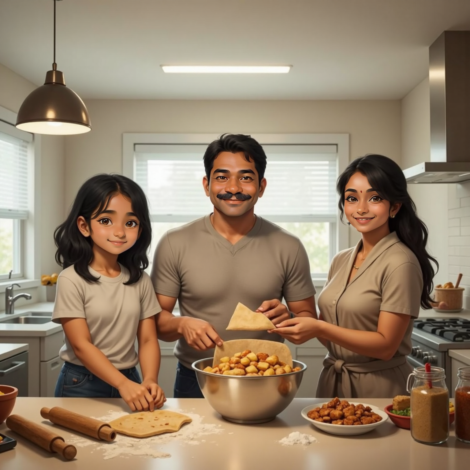 In a brightly lit kitchen, Meera stands at the counter crimping samosa edges while Dad sprinkles extra potatoes into the filling bowl. Mum holds a small plate offering a samosa sample. Shiny metal bowl and rolling pin sit nearby.