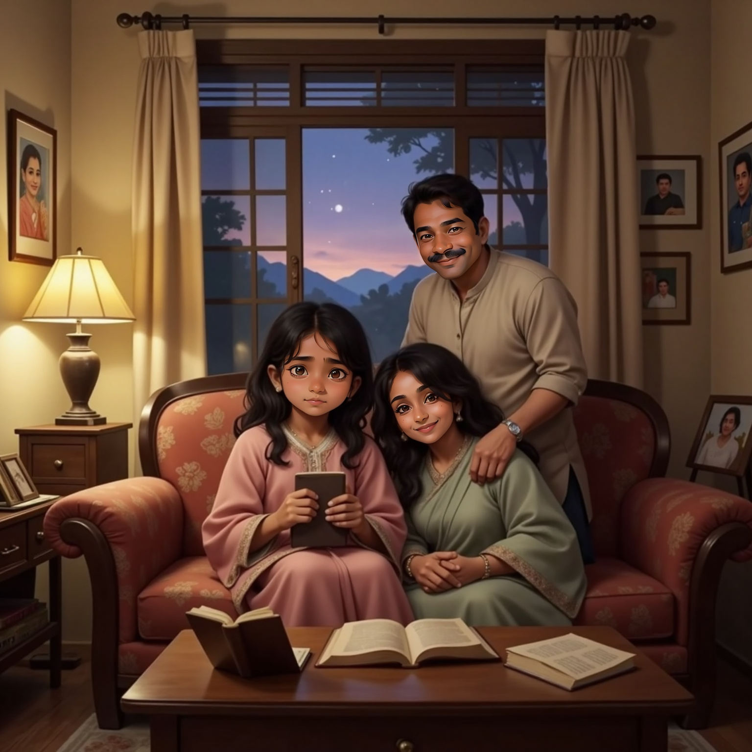 In a dimly lit living room at dusk, Meera sits on a couch clutching her diary as Mum bends to hug her from the side. Dad stands nearby nodding supportively. A small lamp casts warm yellow light.