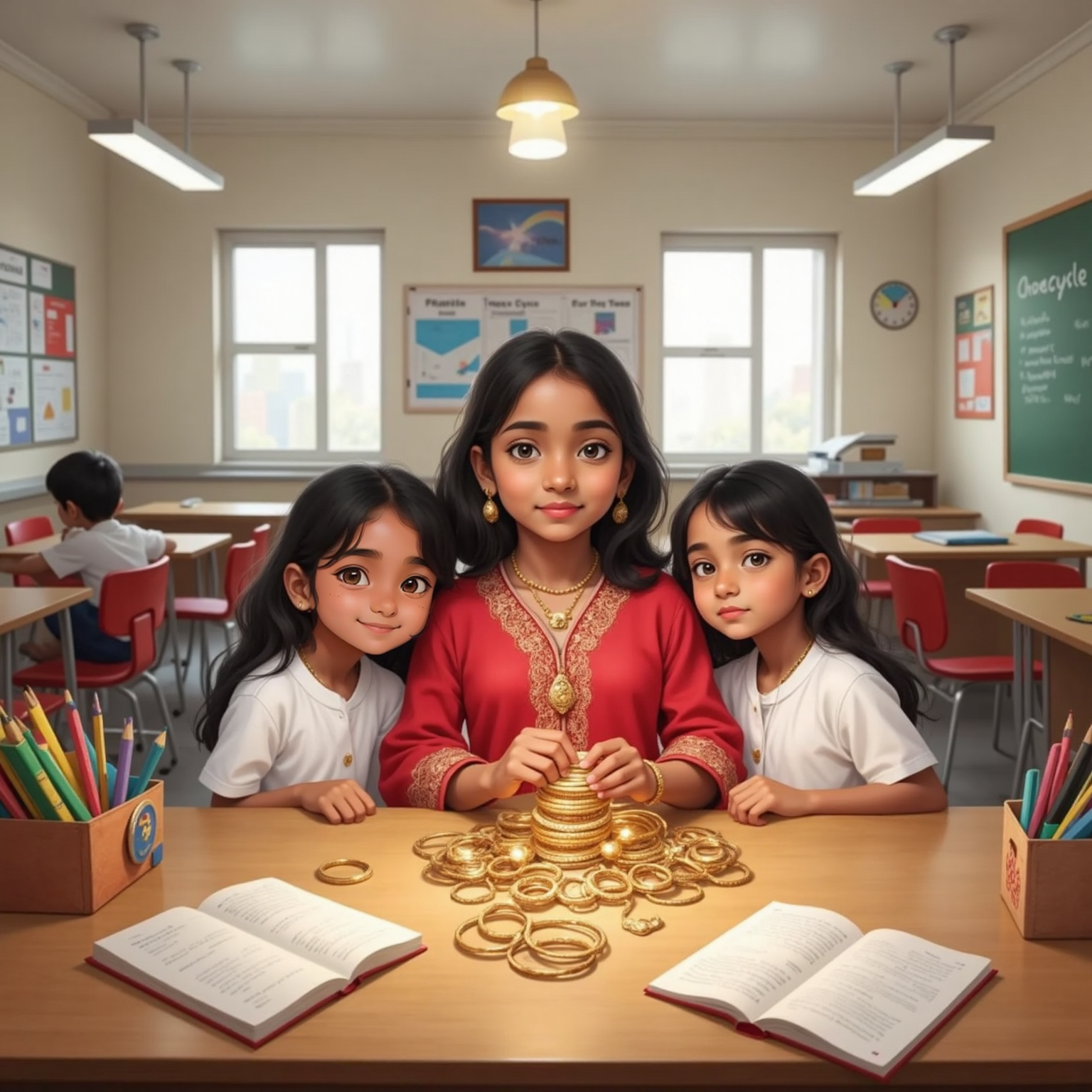 At a classroom table under fluorescent lights, Meera displays her mother’s shiny bangles and a vibrant dupatta. Two classmates lean forward admiring the jewelry with wide eyes. Books and project posters are scattered around.