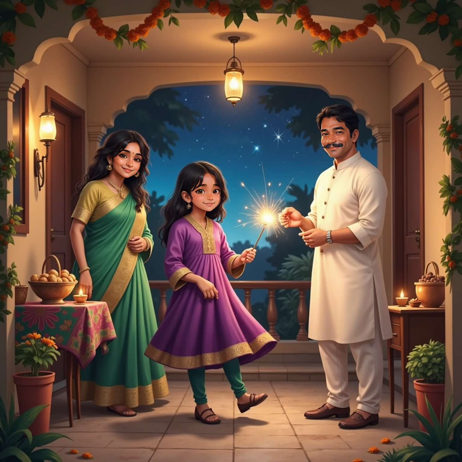 On the house’s front porch at dusk, Mum places a tray of sweet ladoos on a lit table as Dad ignites sparkler in one hand. Meera twirls in her new kurta beneath glowing string lights. The night sky is clear.
