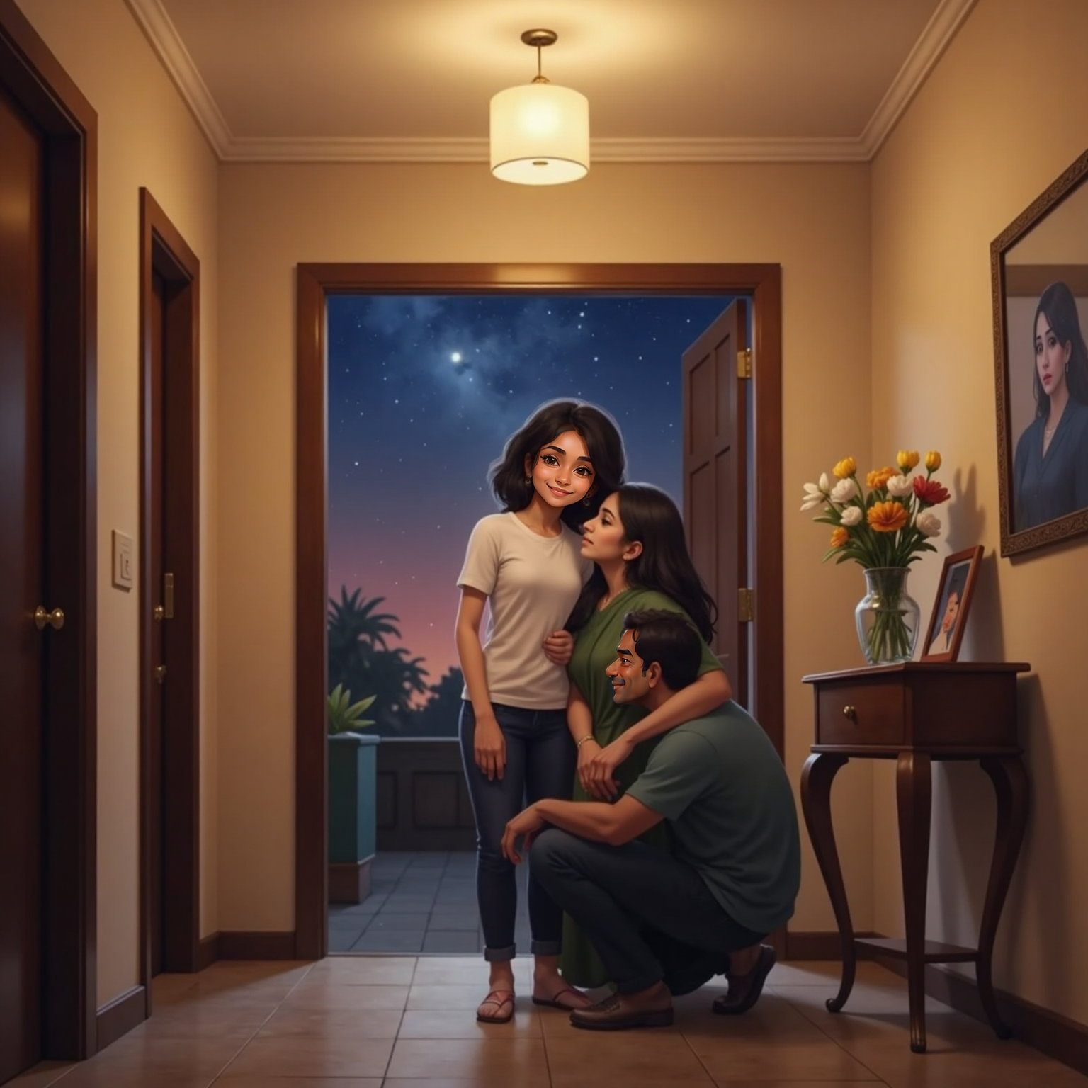 In the home entrance hall under soft ceiling light, Mum and Dad kneel to embrace Meera who wipes a tear from her cheek. The front door is open behind them, revealing twilight outside.