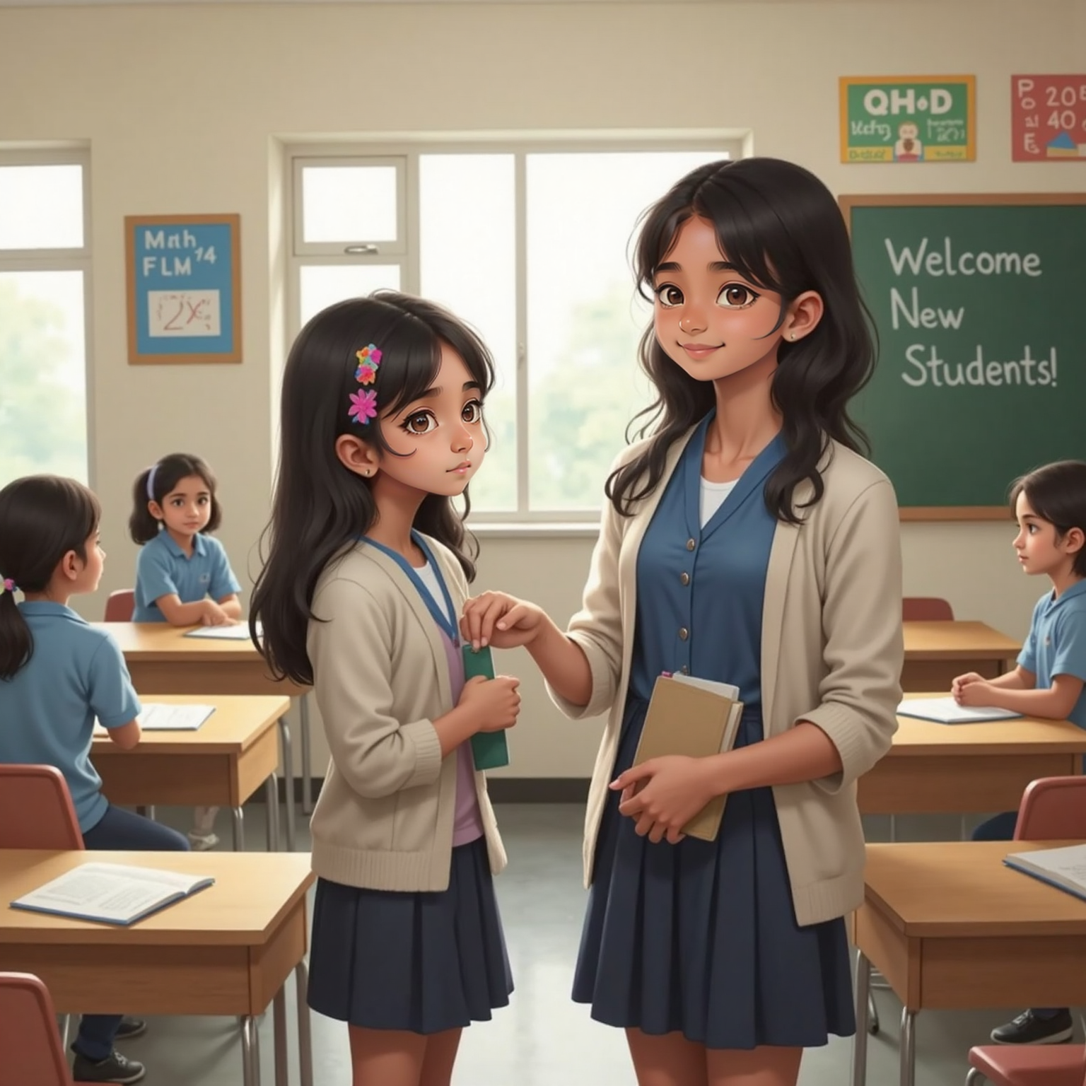 Inside a sunlit classroom, Priya stands shyly beside Meera at a pair of desks. Meera smiles warmly and pats the empty chair between them. Chalkboard and other students blur in the background.