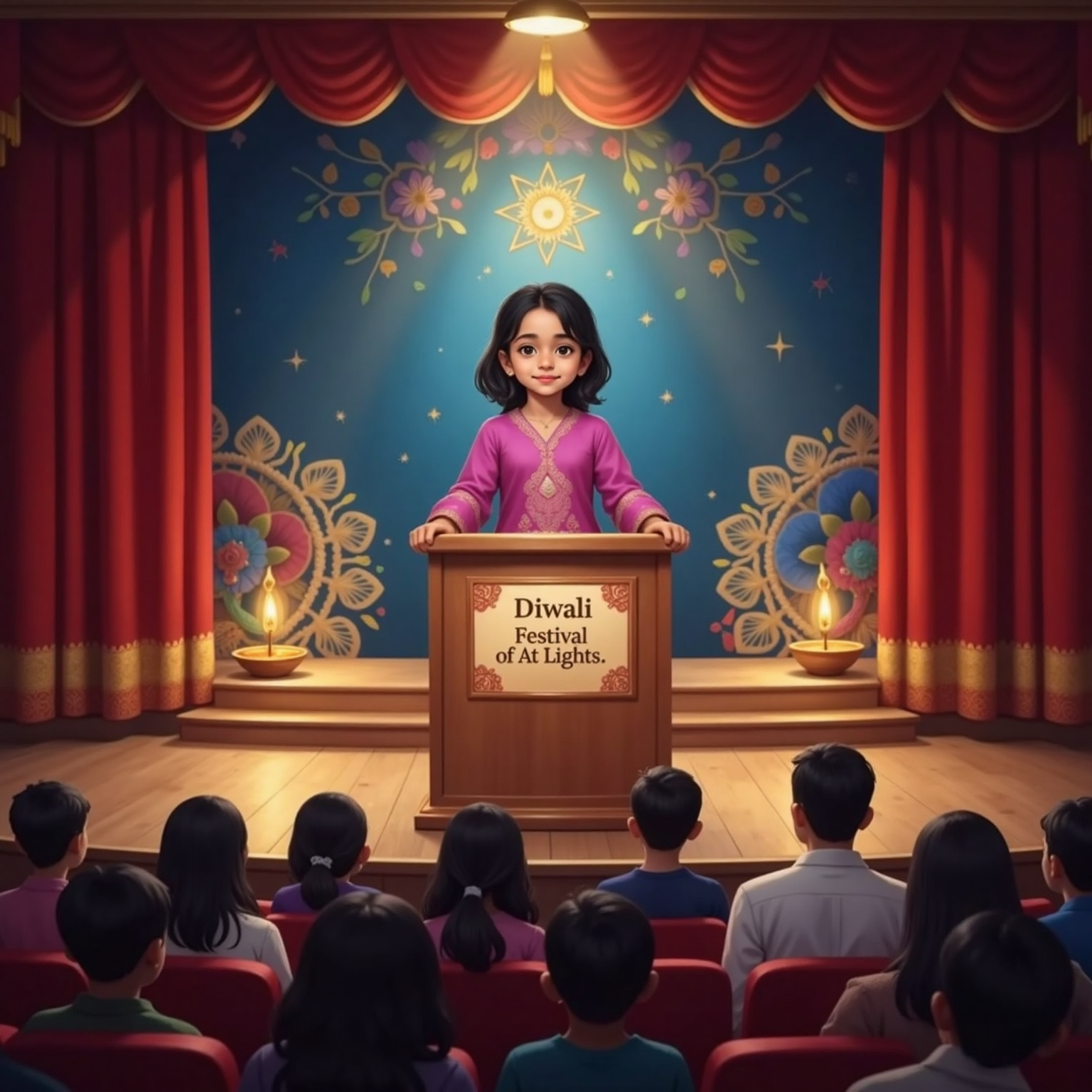 On a brightly lit school auditorium stage, Meera stands behind a wooden podium speaking confidently about Diwali with her hands placed on the sides. In the dim audience rows, Dad watches with a supportive nod. A spotlight focuses on Meera.