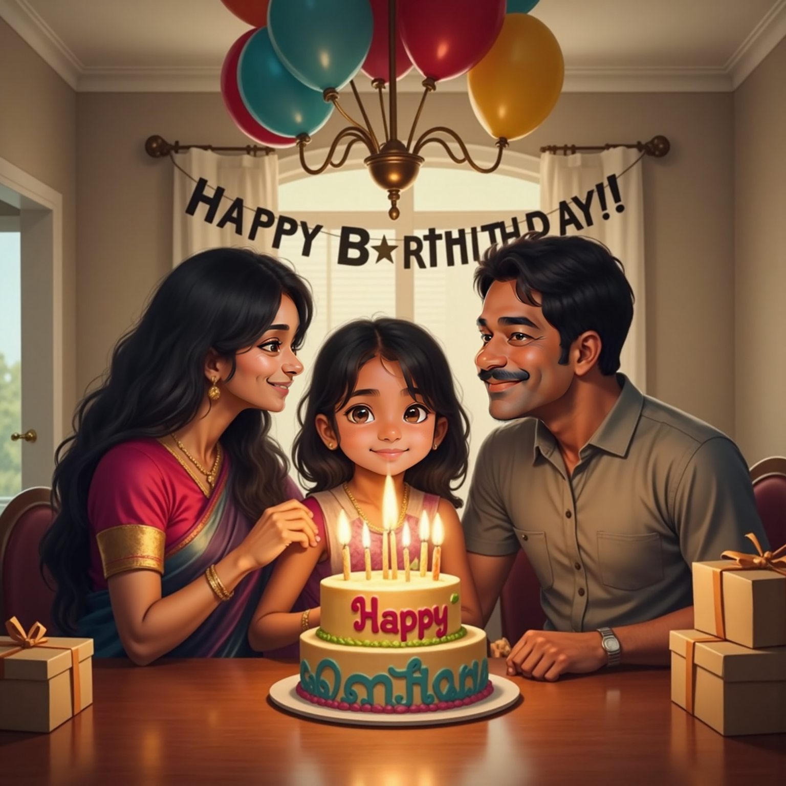 At a dining table under warm chandelier light, Meera leans forward to blow out candles on her birthday cake. Mum stands to the left kissing Meera’s cheek, Dad high-fives her from the right. Colorful balloons float above.