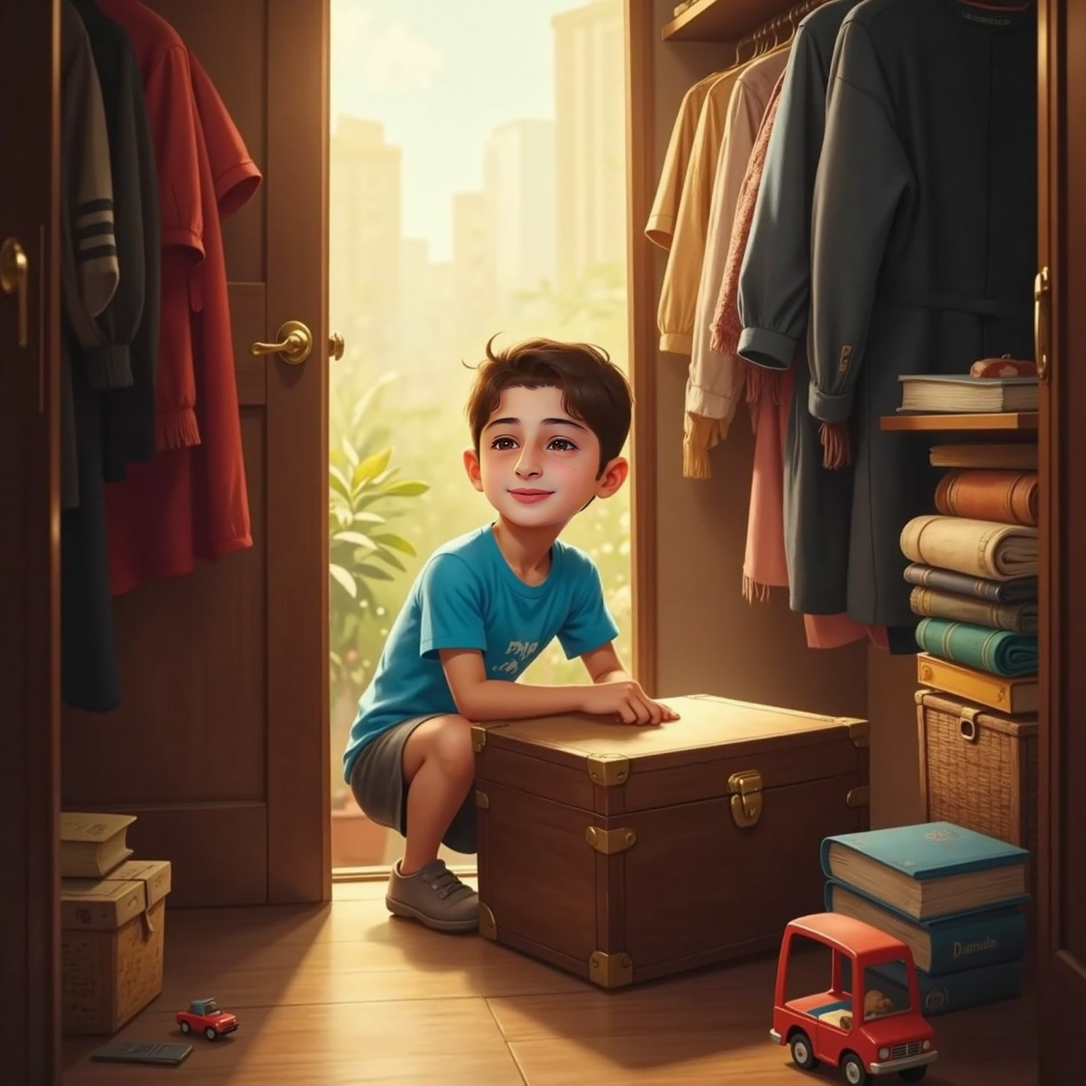 Inside his sunlit bedroom closet, يزن kneels before an ancient wooden box nestled among hanging coats. Morning light filters through the doorway, illuminating his wide-eyed face and the dusty latch he is about to lift.