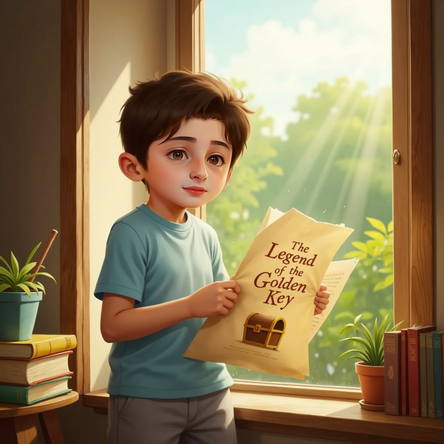 By the window, indoor noon glow, يزن holds the fragile paper at chest height and reads aloud, lips forming every careful word. Sunbeams catch the faded script.