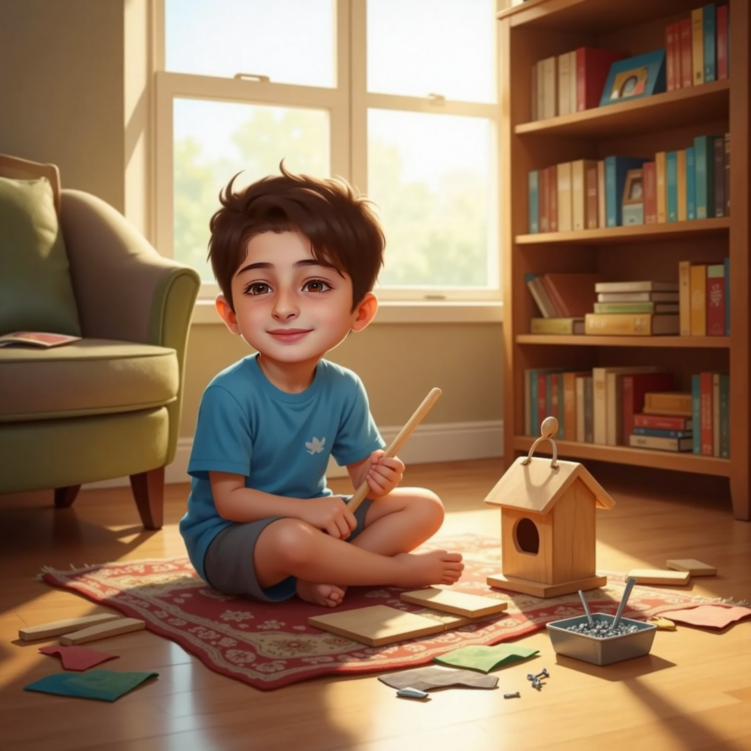 In the living-room floor, afternoon light, يزن sits cross-legged beside scattered wood pieces, cloth scraps, a small hammer, and nails. He carefully aligns two planks, concentration bright on his face.
