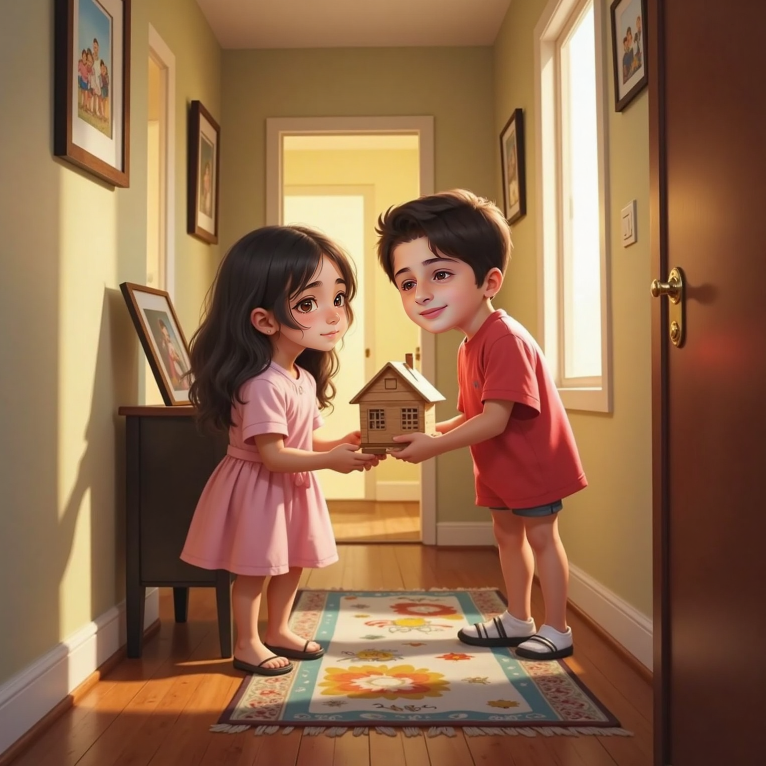 In the hallway, late afternoon, يزن leans toward جنان, eyes shining, presenting the tiny wooden house in both hands. She turns with surprised smile under warm indoor light.
