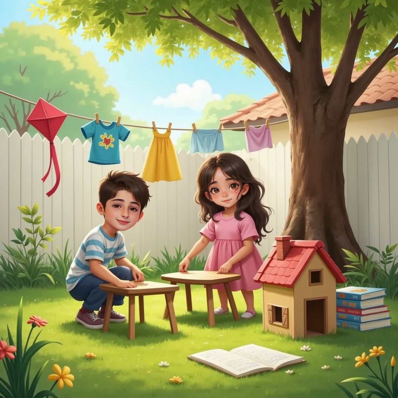 In the sunny backyard, يزن and جنان arrange folding tables and chairs on the grass. They set the wooden house, a bright kite, and colorful drawings neatly beneath fluttering laundry lines.