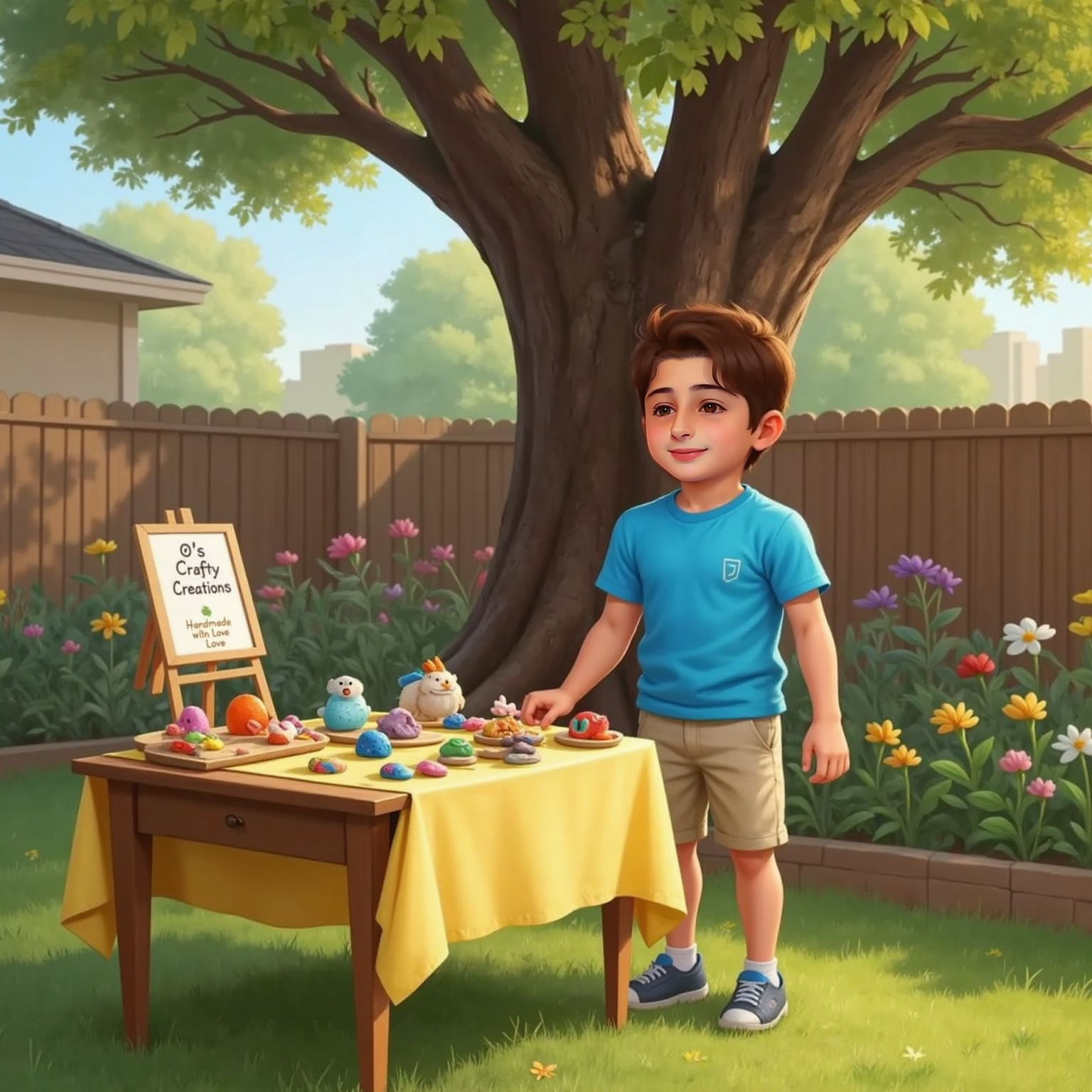 Soft afternoon light fills the backyard as يزن stands beside his display table, crafts arranged neatly beneath a tree. Guests form a semicircle while he speaks with a nervous but proud smile.