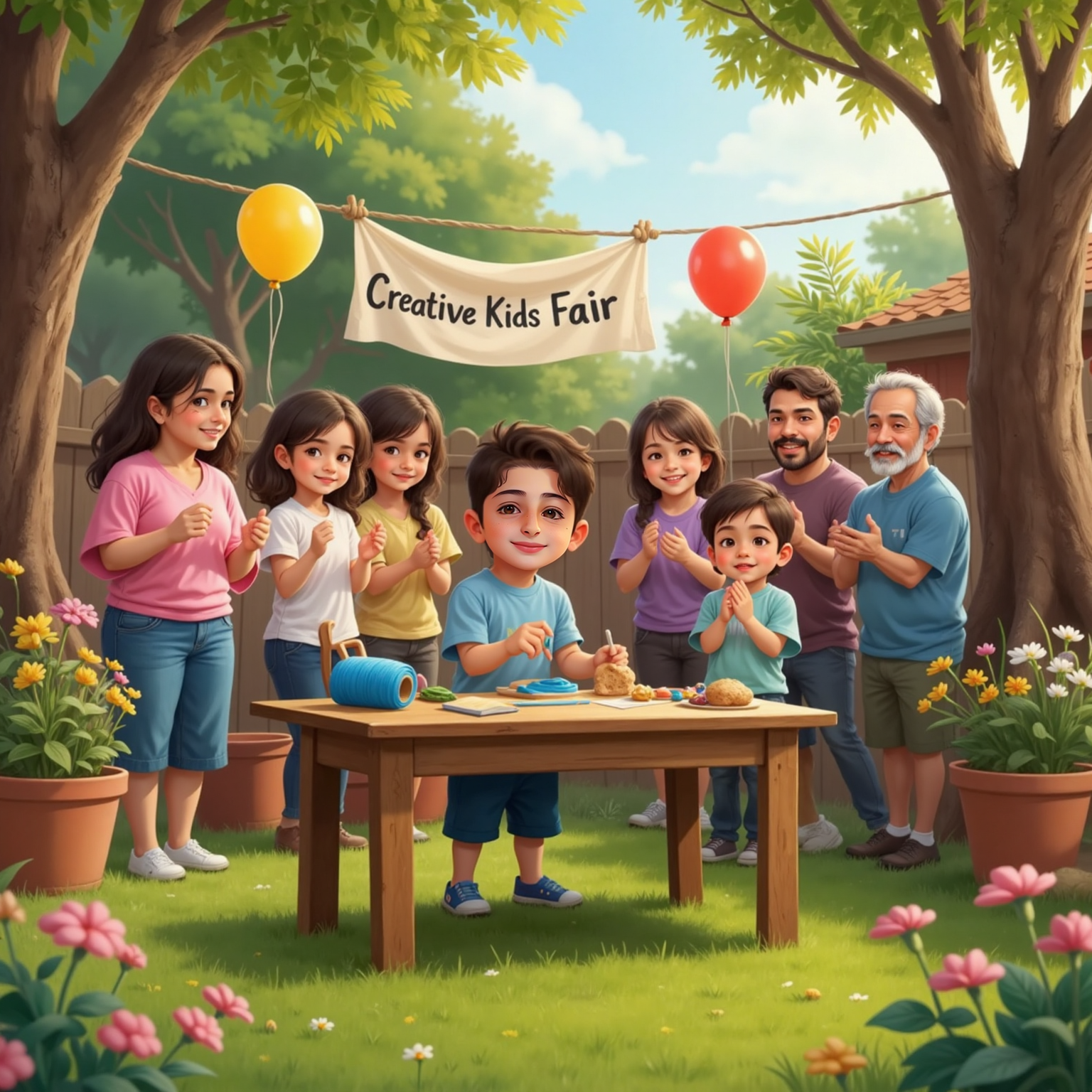 In the same backyard, guests clap as a gray-haired neighbor leans forward, questioning يزن beside the craft table. يزن responds, smiling broadly, fingers resting on a spool of thread.
