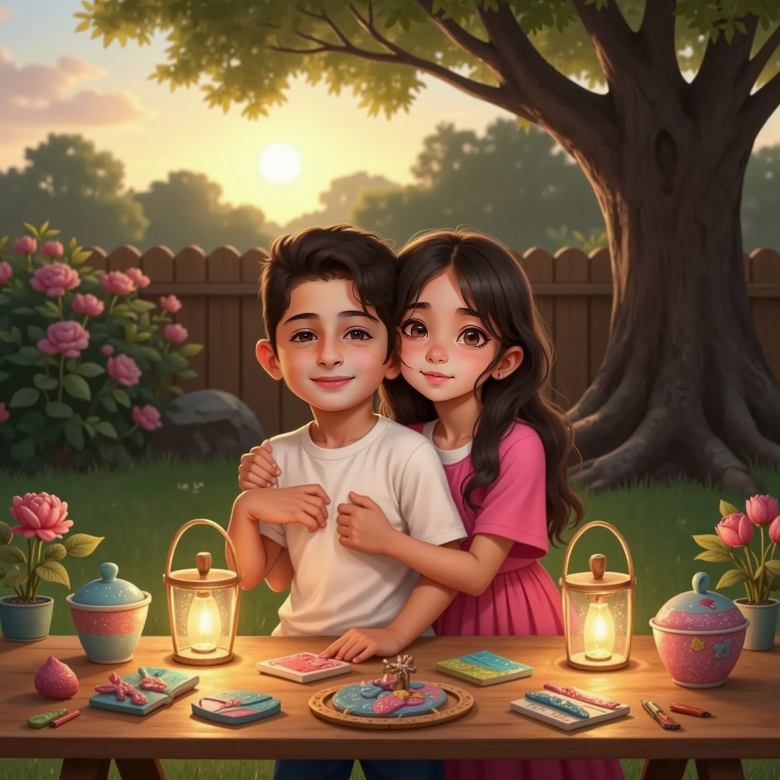 Under the fading backyard light, جنان wraps her arms around يزن while colorful crafts glimmer on the table behind them. Both siblings beam with shared pride.