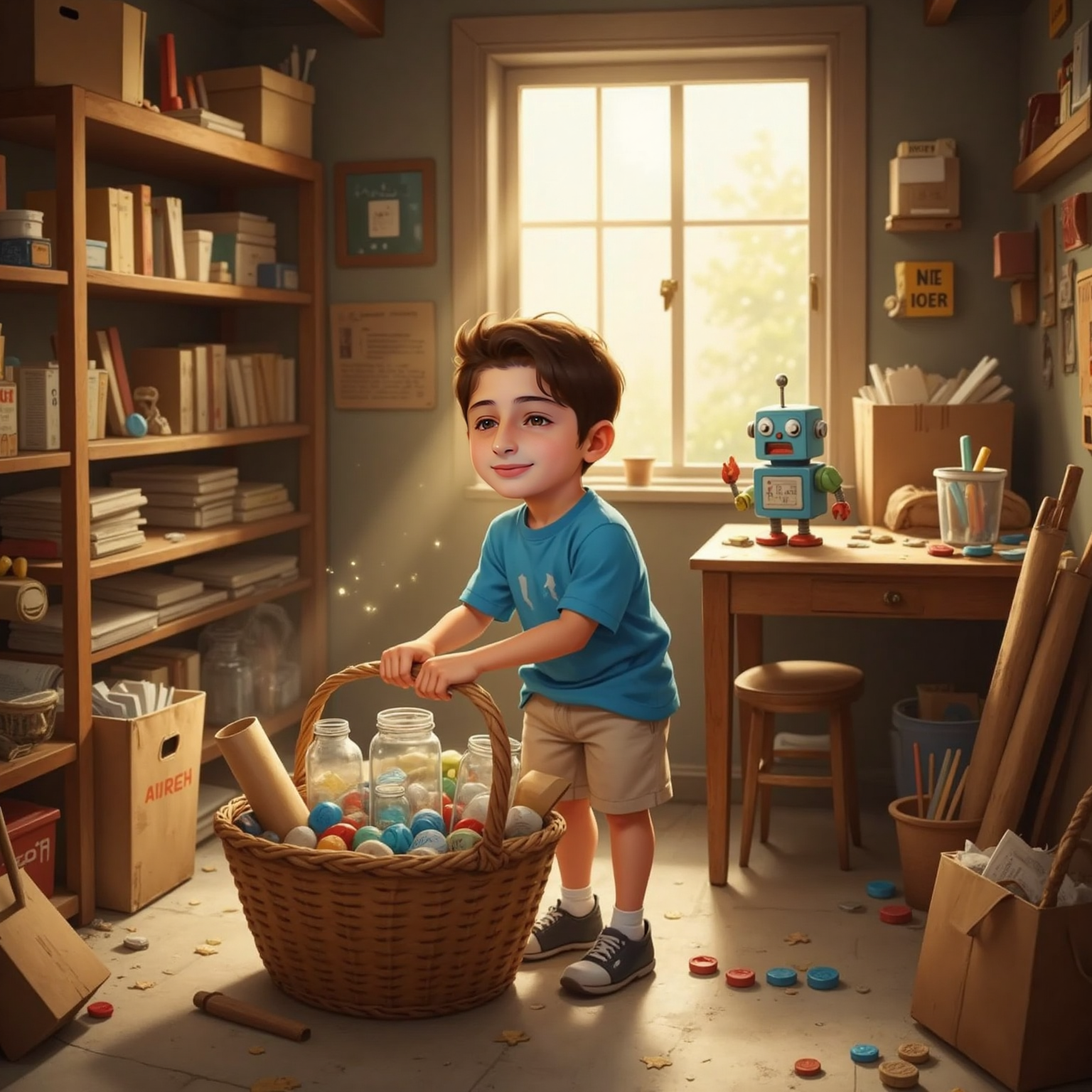 Morning sunshine pours into the storeroom as يزن rummages through a basket of empty jars, cardboard rolls, and bottle caps. His face shows eager curiosity, dust motes drifting around.