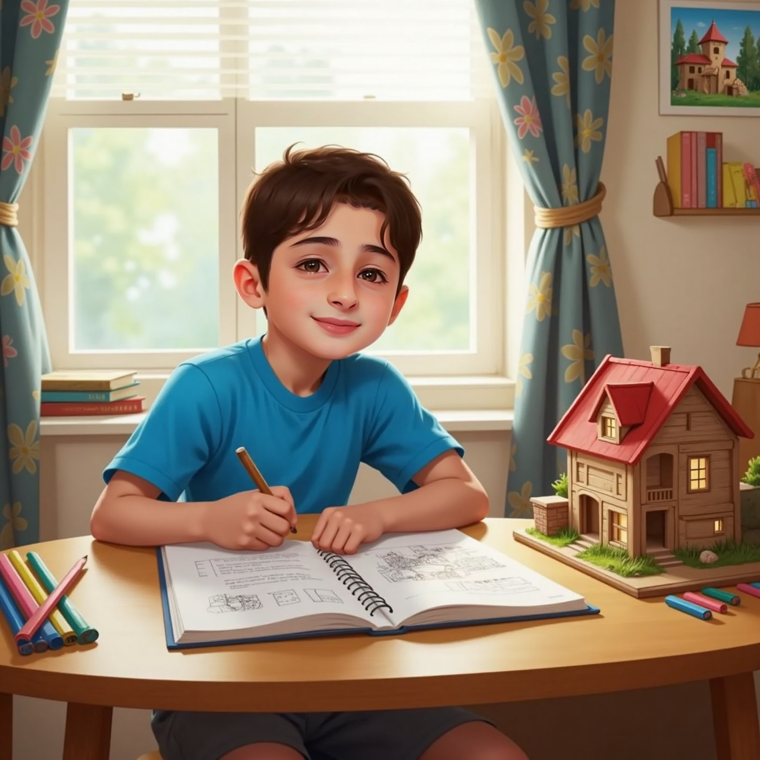 At his bedroom desk under mid-morning light, يزن writes notes and sketches designs in an open notebook beside colored pencils and a small wooden house model. A gentle breeze moves the curtain behind his focused smile.