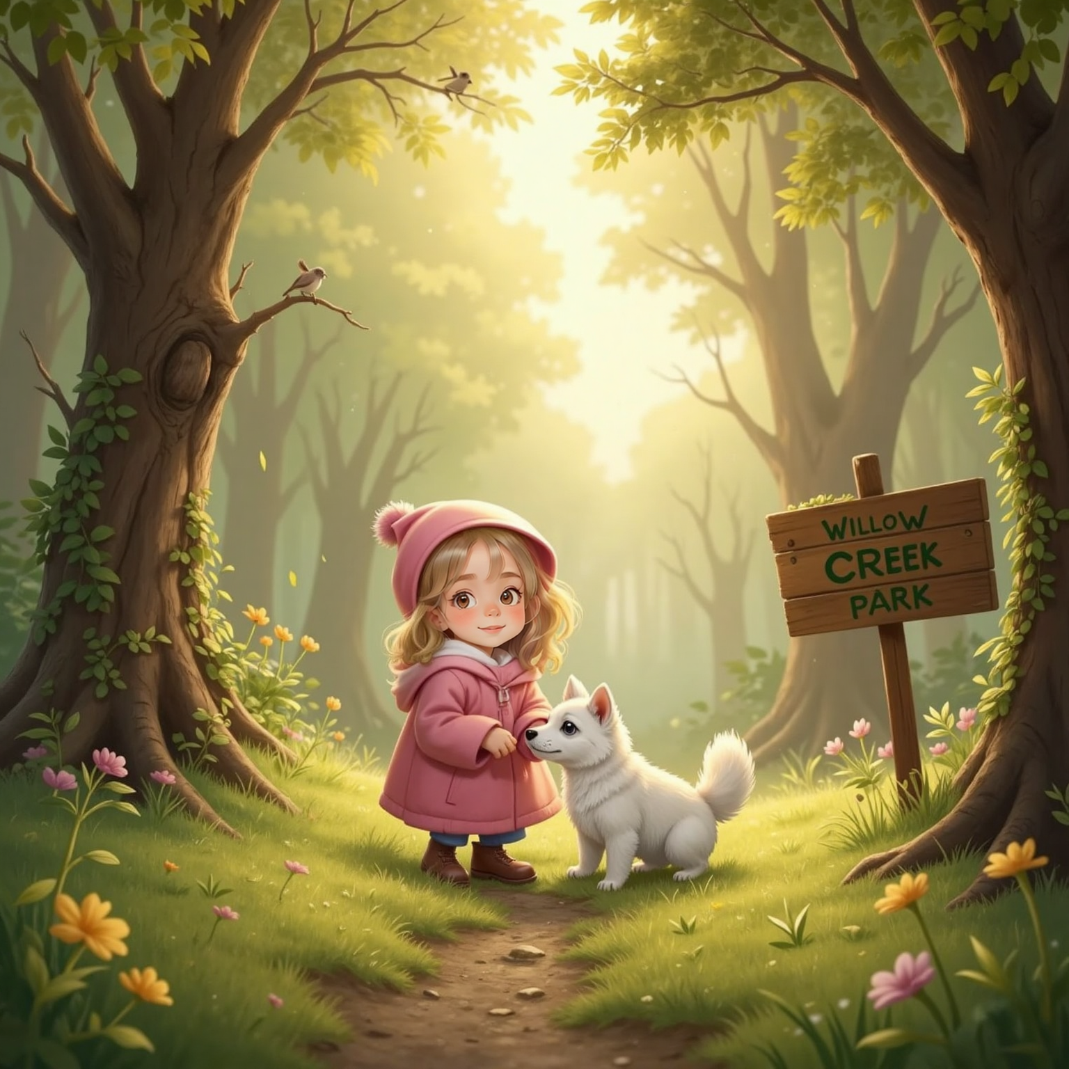 Park entrance, early morning; golden light sparkles on dew-covered grass as Molly crouches beside Snowball, gently patting his white fluffy back while birds flutter in leafy branches overhead.