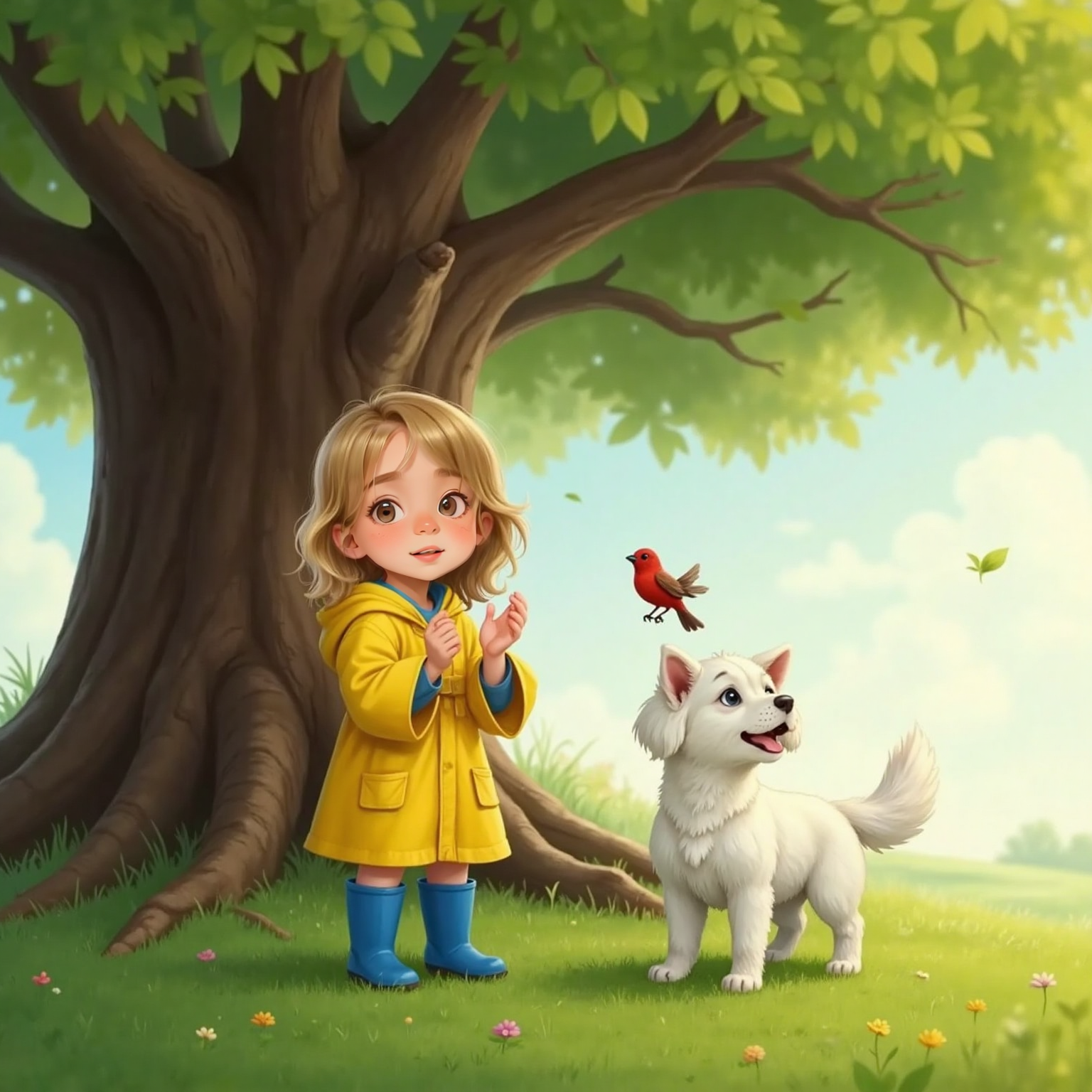 Under a sprawling oak in bright morning daylight, Snowball stands on damp roots, tail wagging, while Sam the sparrow hovers just above his nose, red feathers vivid; nearby, Molly claps gleefully.