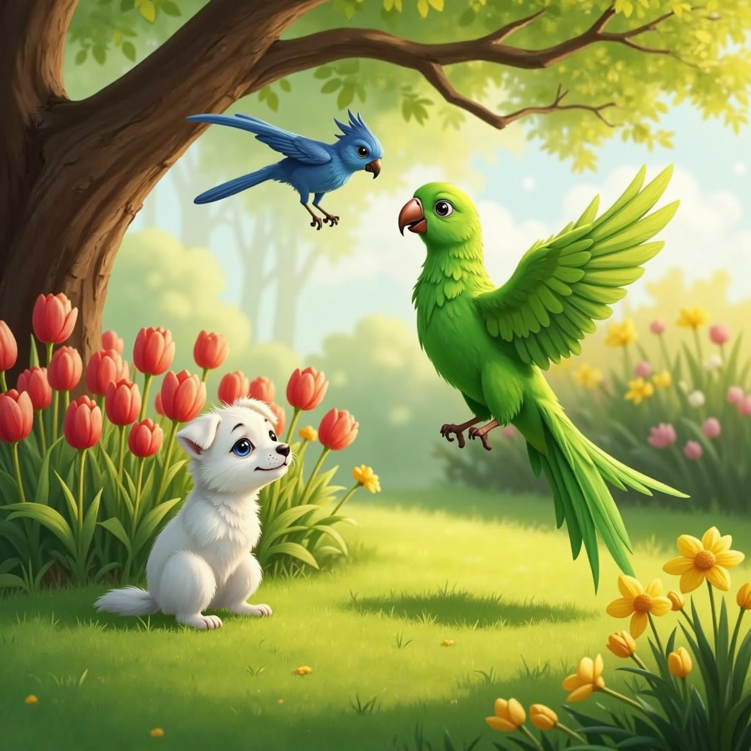 Beside a sunlit flowerbed, Peaches the green parrot lands on the grass with wings spread; Snowball sits attentively and Sam perches on a low branch, welcoming her to join their upcoming hide-and-seek.