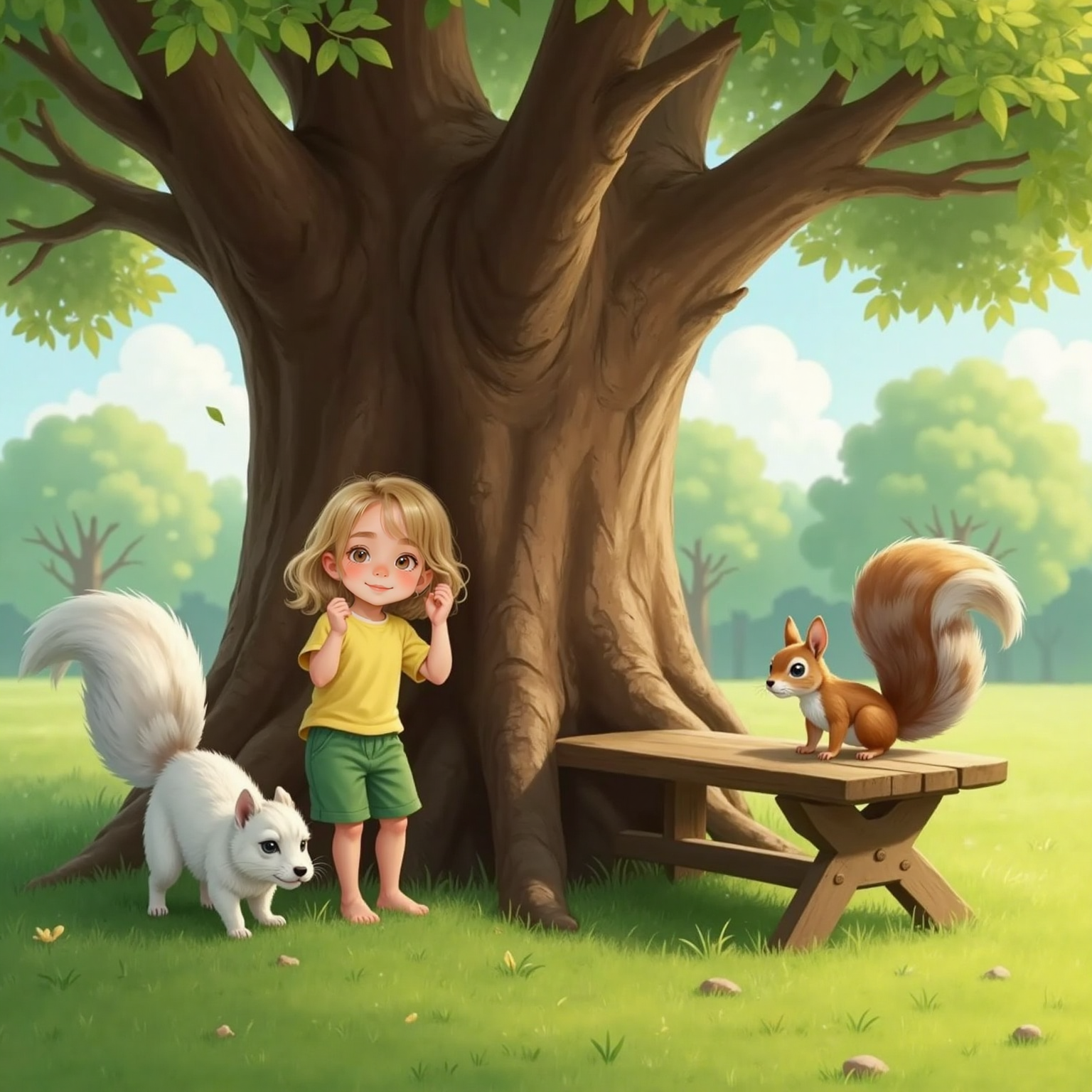 Near a wooden bench under midday shade, Molly covers her eyes against the trunk and counts, while Snowball crouches behind the bench, fluffy tail poking out, and Sam stays motionless on an overhead branch.