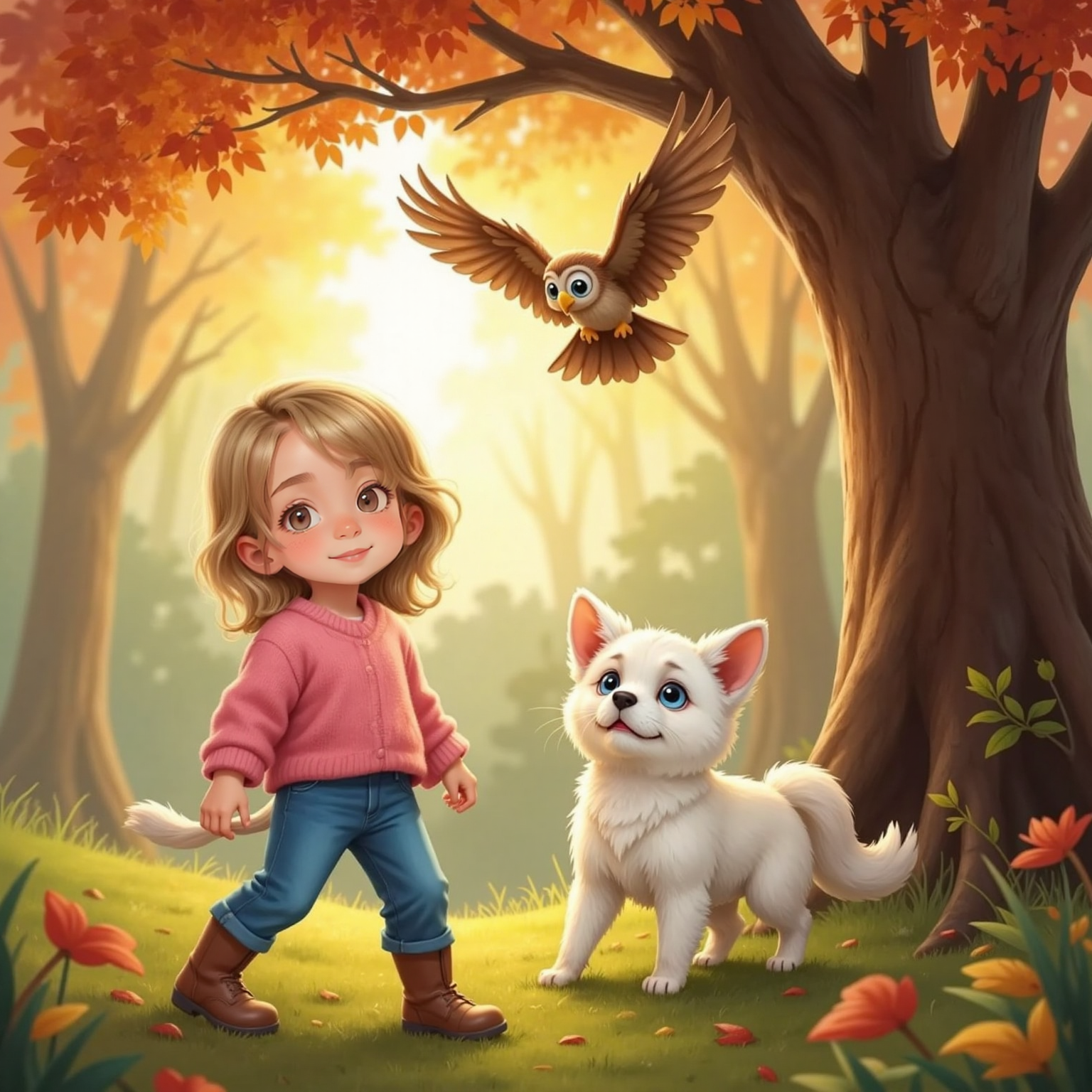 Beneath a high tree in warm afternoon light, Ollie the Owl swoops down, wings wide, facing Snowball and Molly who look upward with eager smiles, fallen leaves swirling around their paws and shoes.