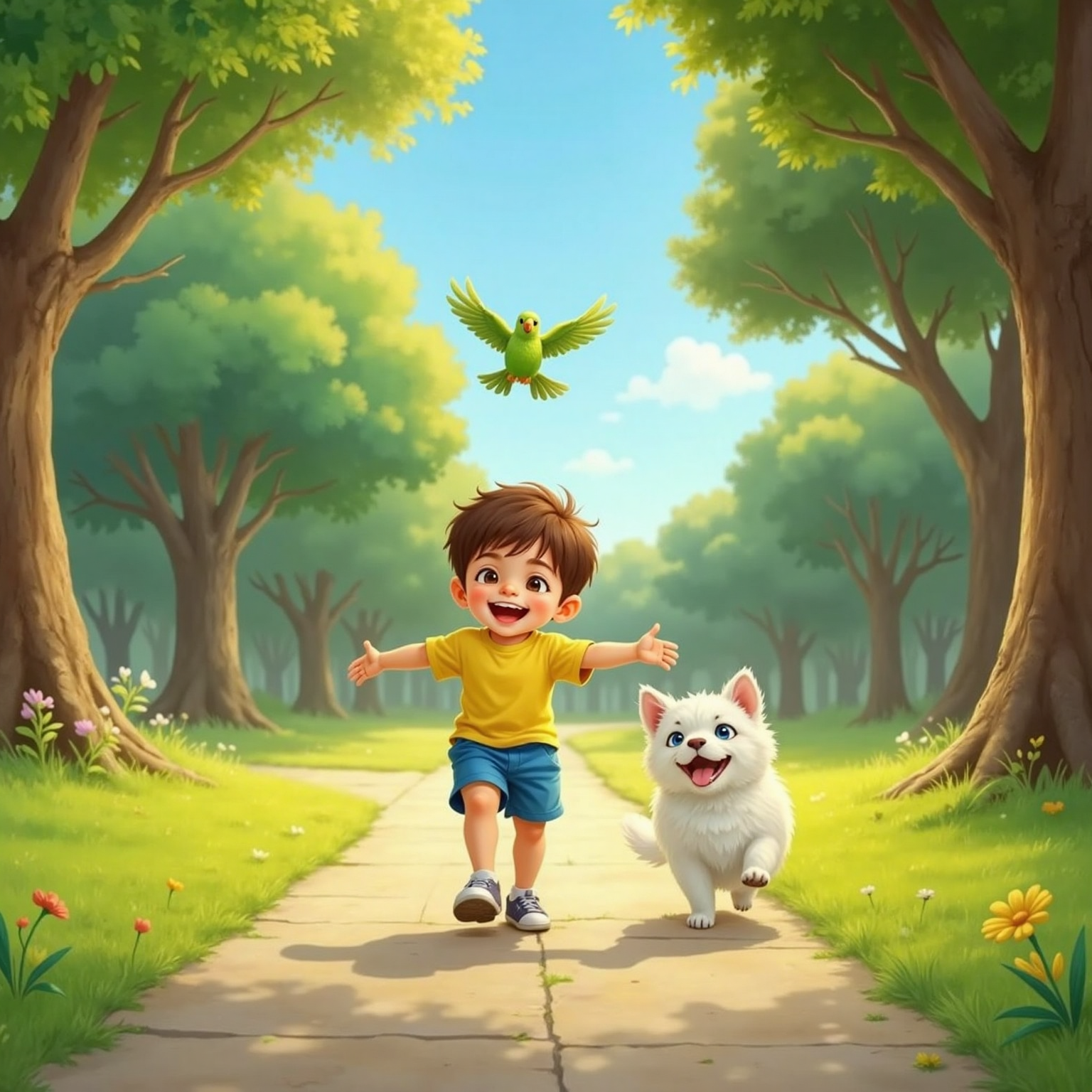 Along a sunny park path, Ollie leads a playful parade: he strides in circles with wings spread, Snowball hops directly behind pretending to flap, and Peaches twirls overhead, laughter frozen mid-air.